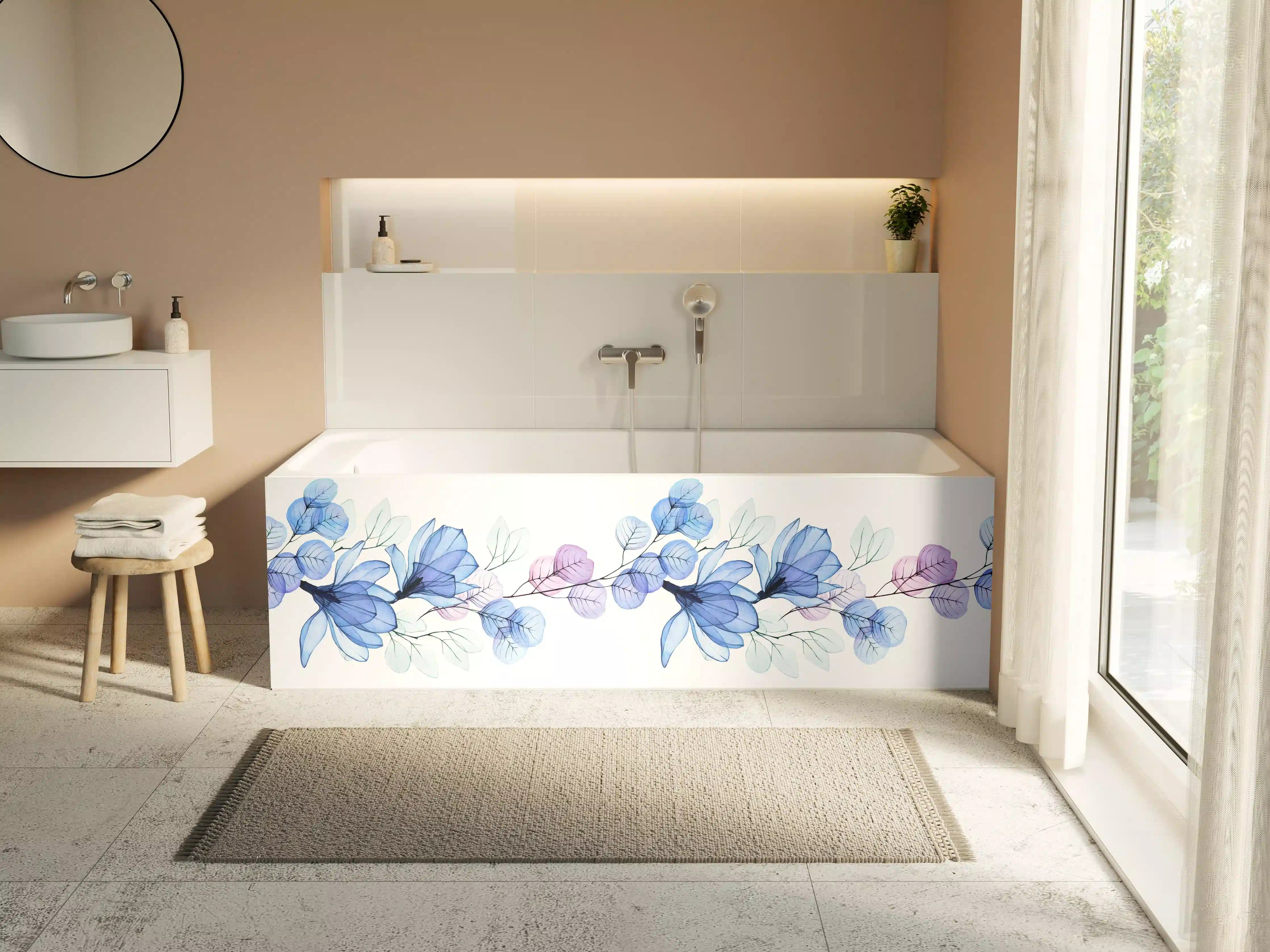 Badewannen-Rückwand - Blumendekor mit blauen und lilafarbenen Blättern