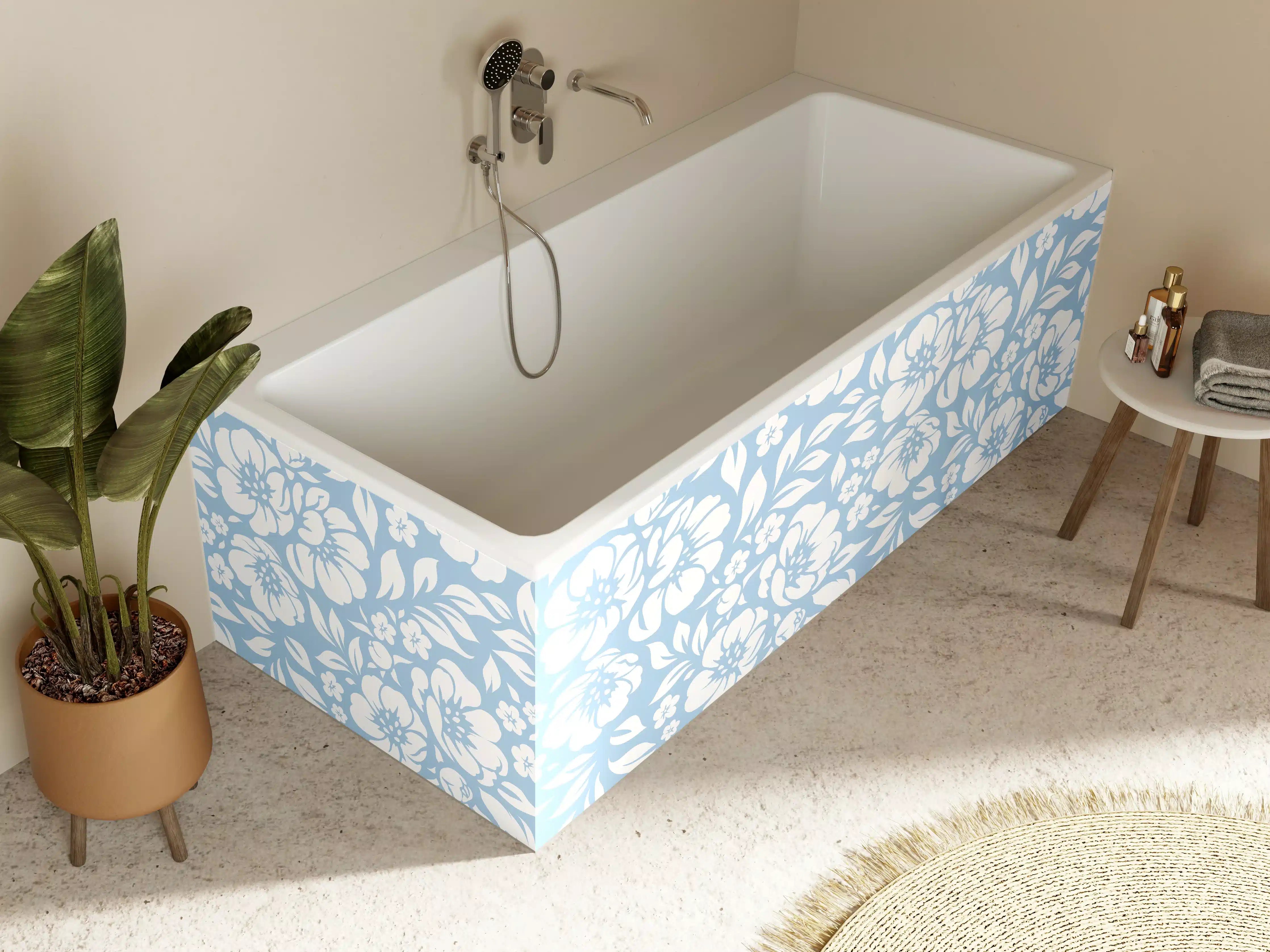 Badewannen-Rückwand - Blumendesign in Blau und Weiß