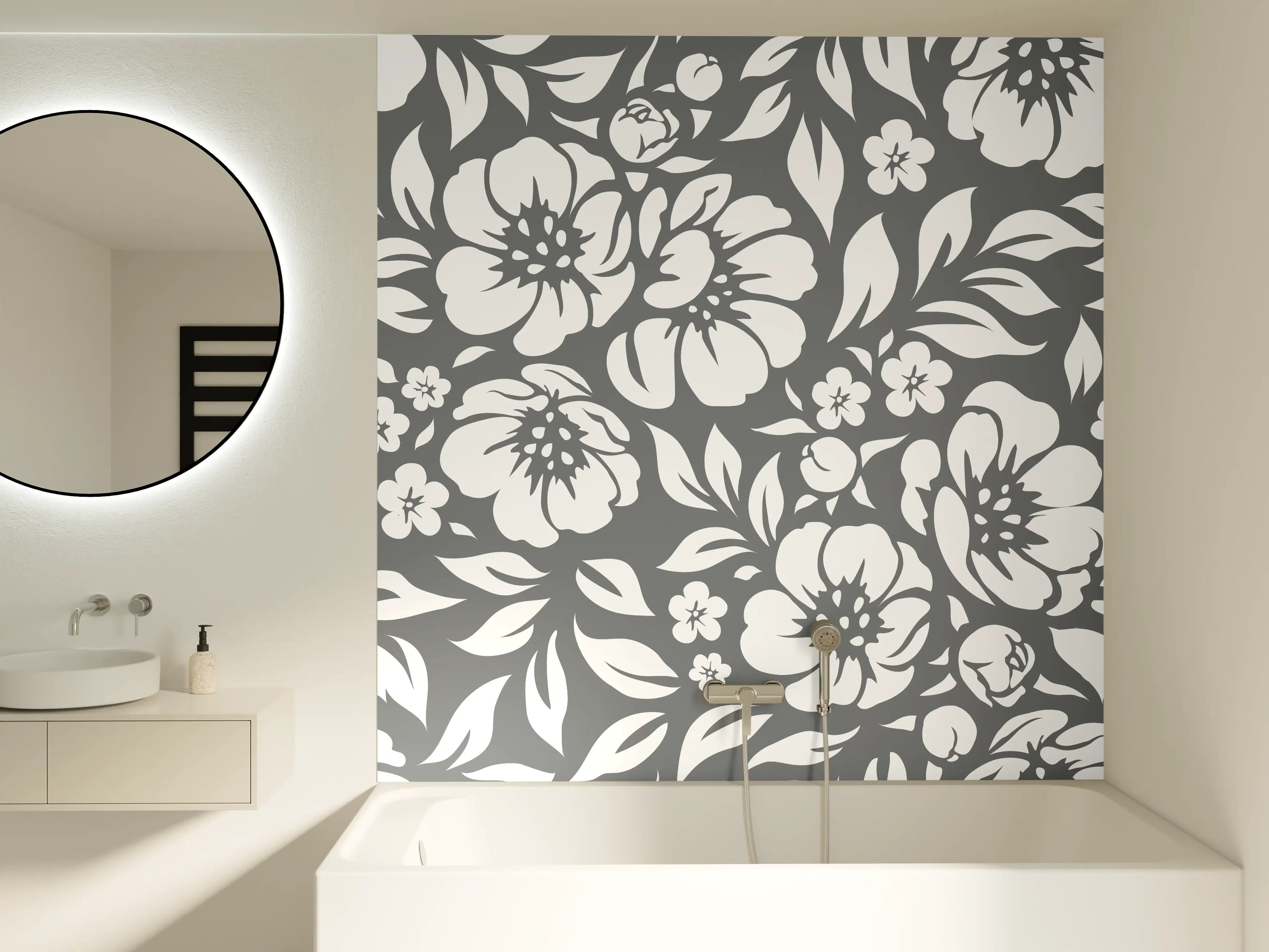 Badewannen-Rückwand - Blumendesign in Schwarz-Weiß