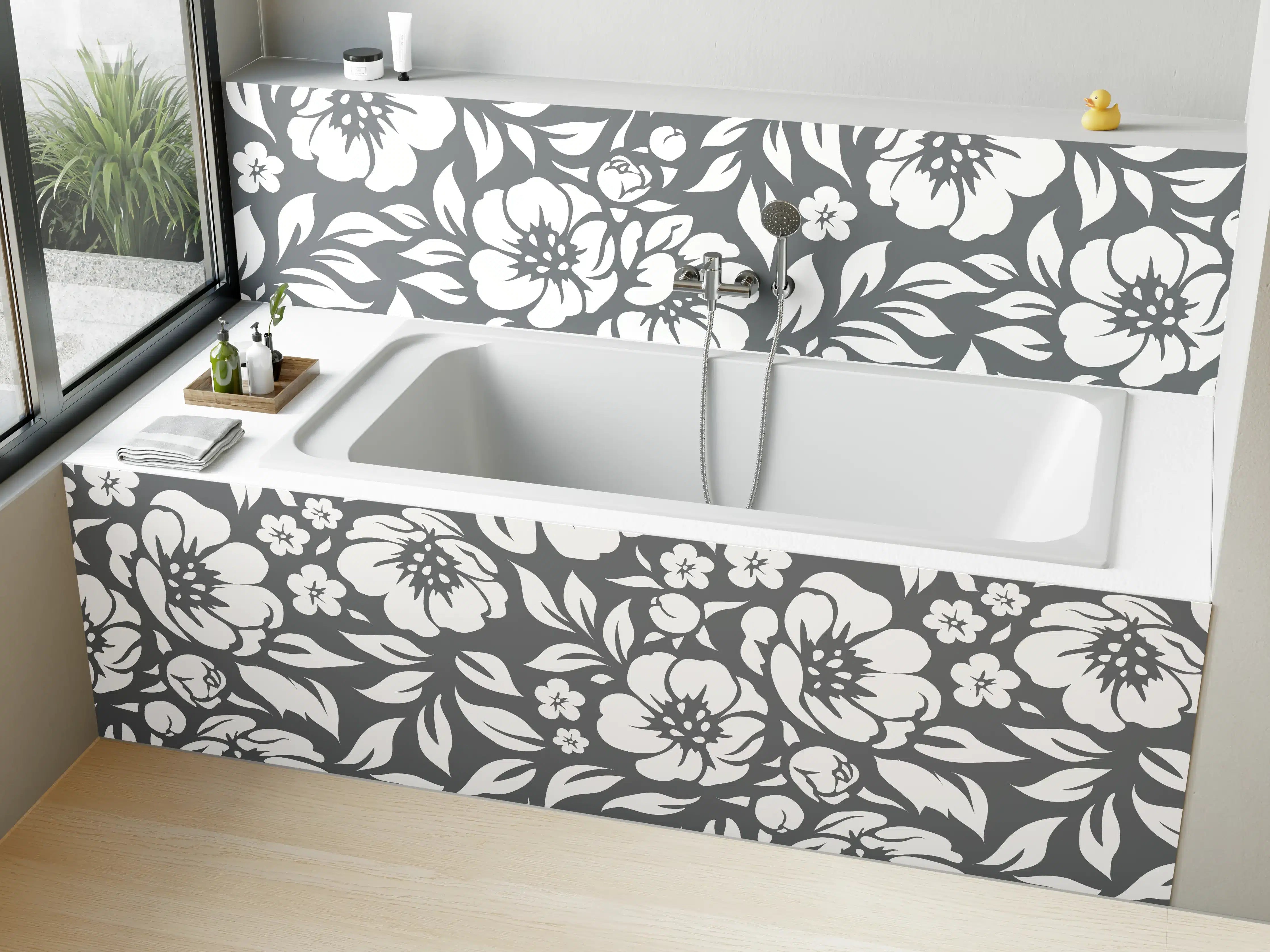 Badewannen-Rückwand - Blumendesign in Schwarz-Weiß