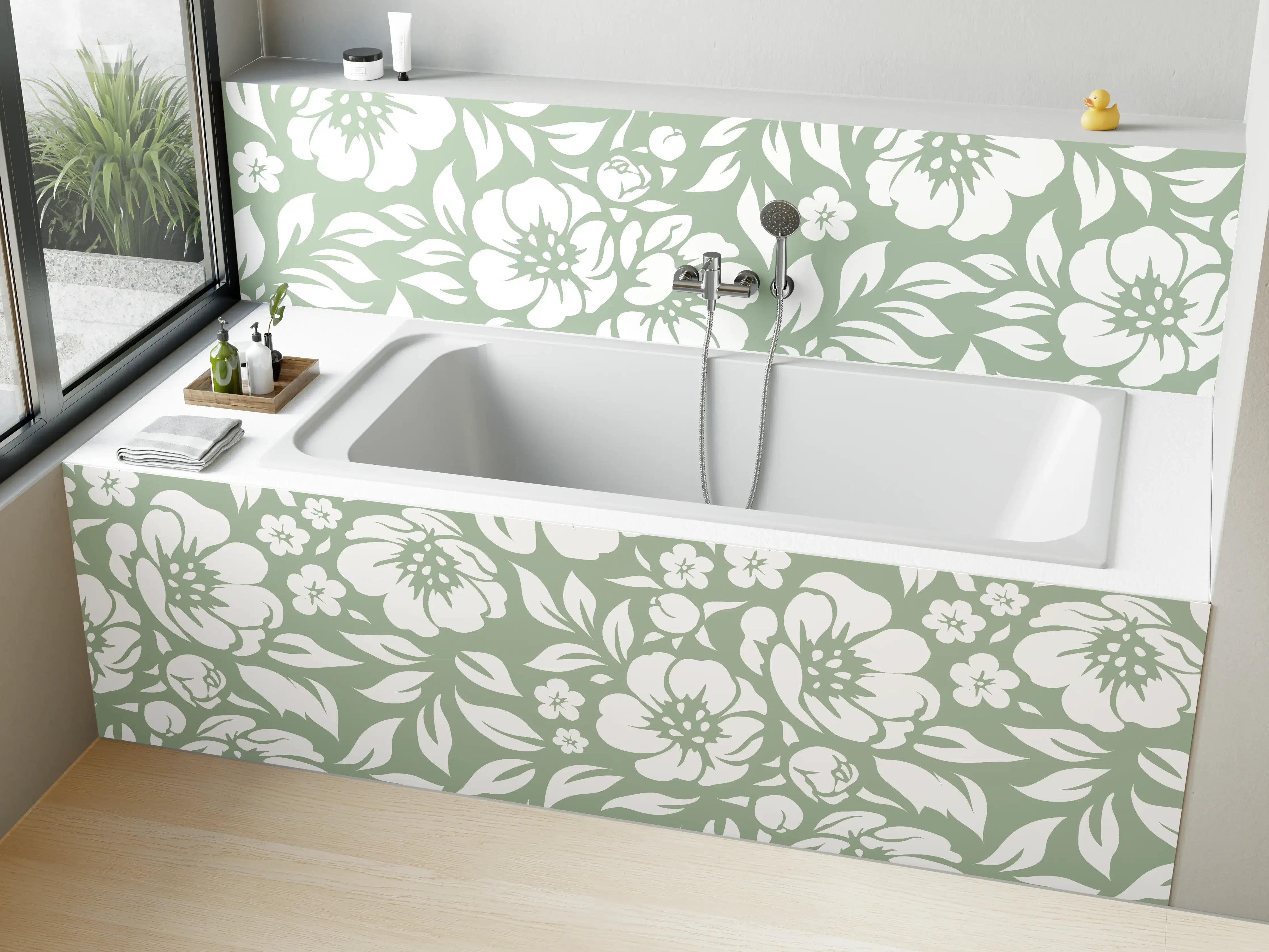 Badewannen-Rückwand - Blumendesign in zartem Grün und Weiß