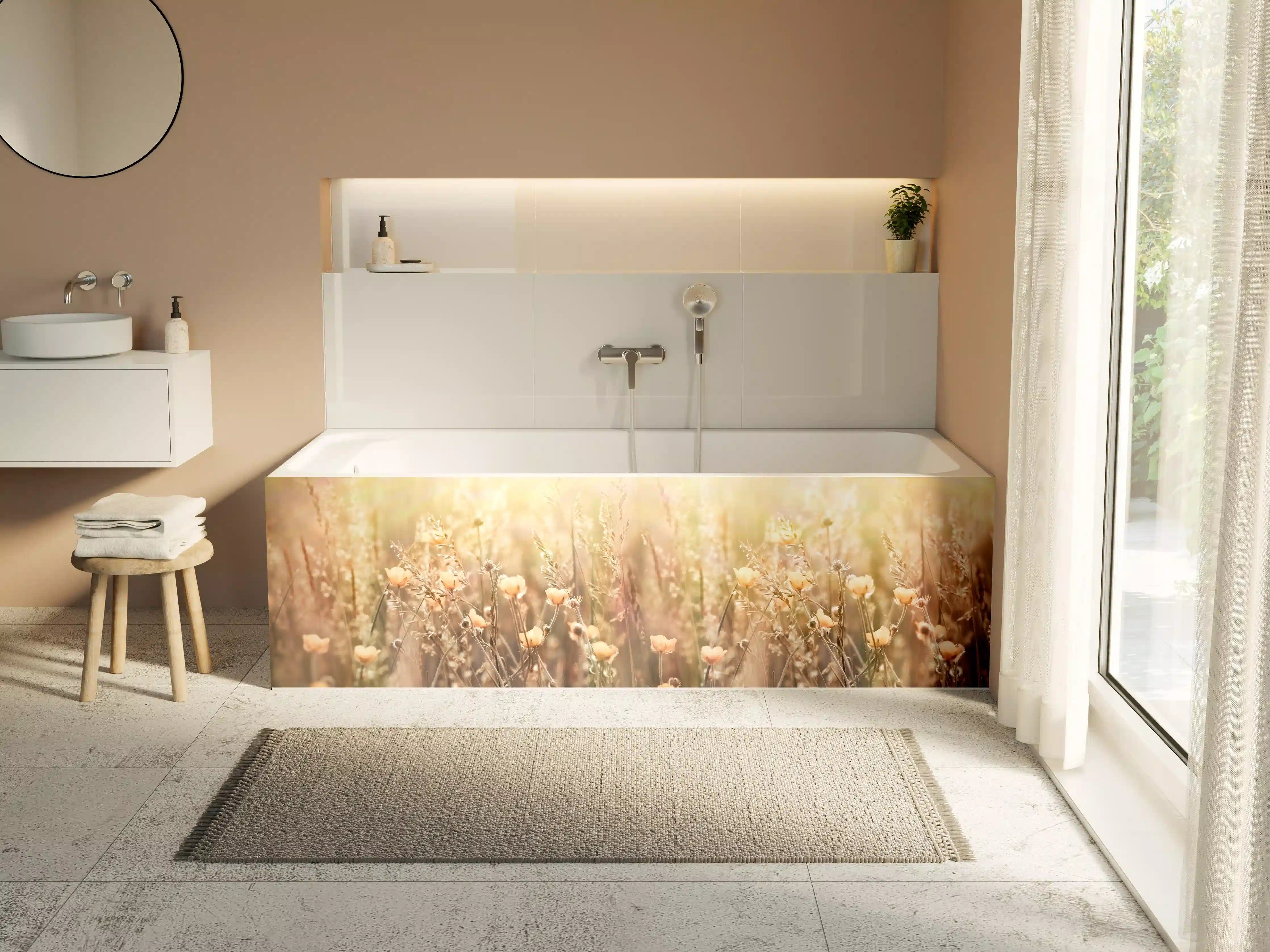 Badewannen-Rückwand - Blumenfeld mit Sonnenstrahlen