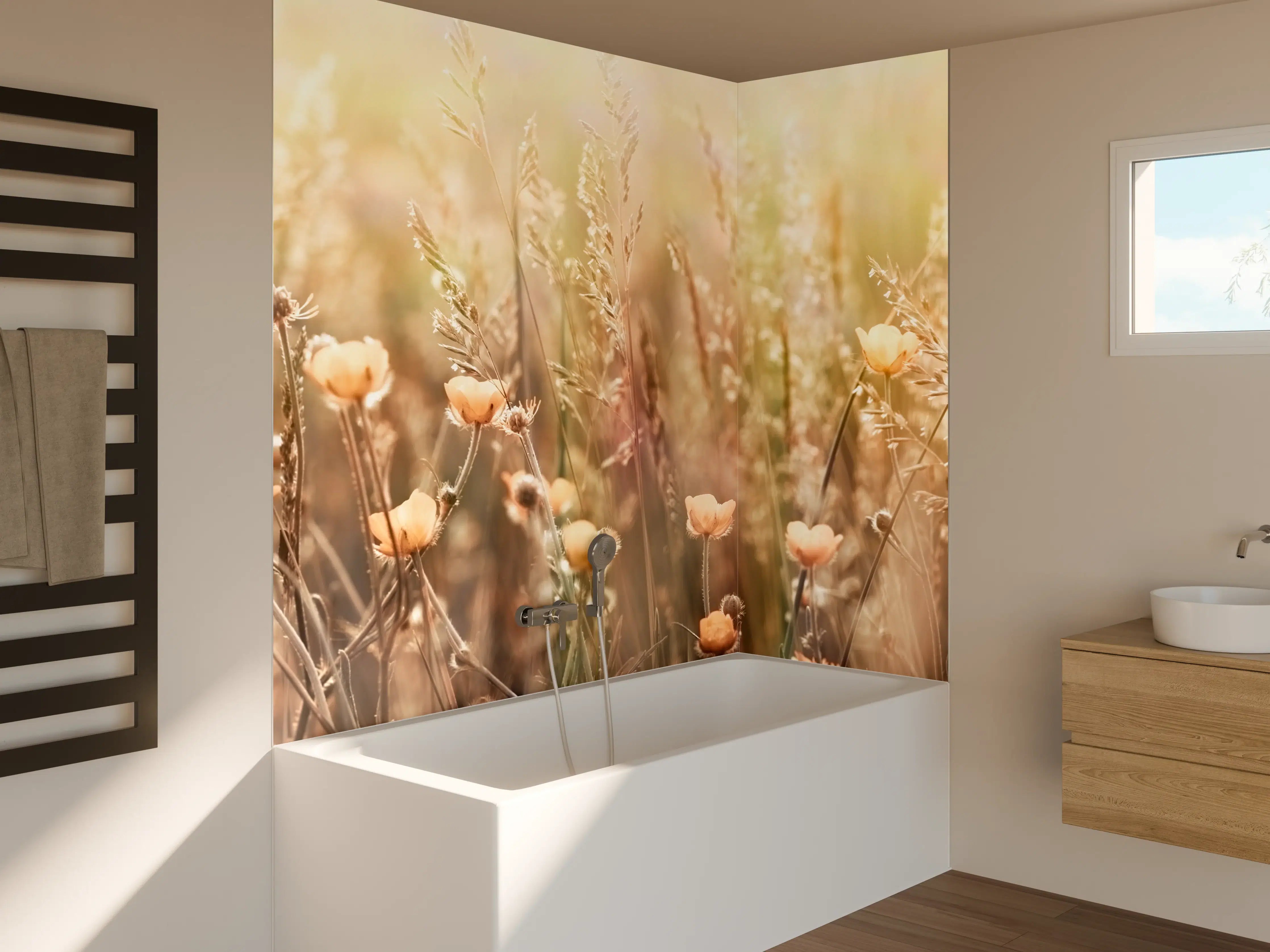 Badewannen-Rückwand - Blumenfeld mit Sonnenstrahlen