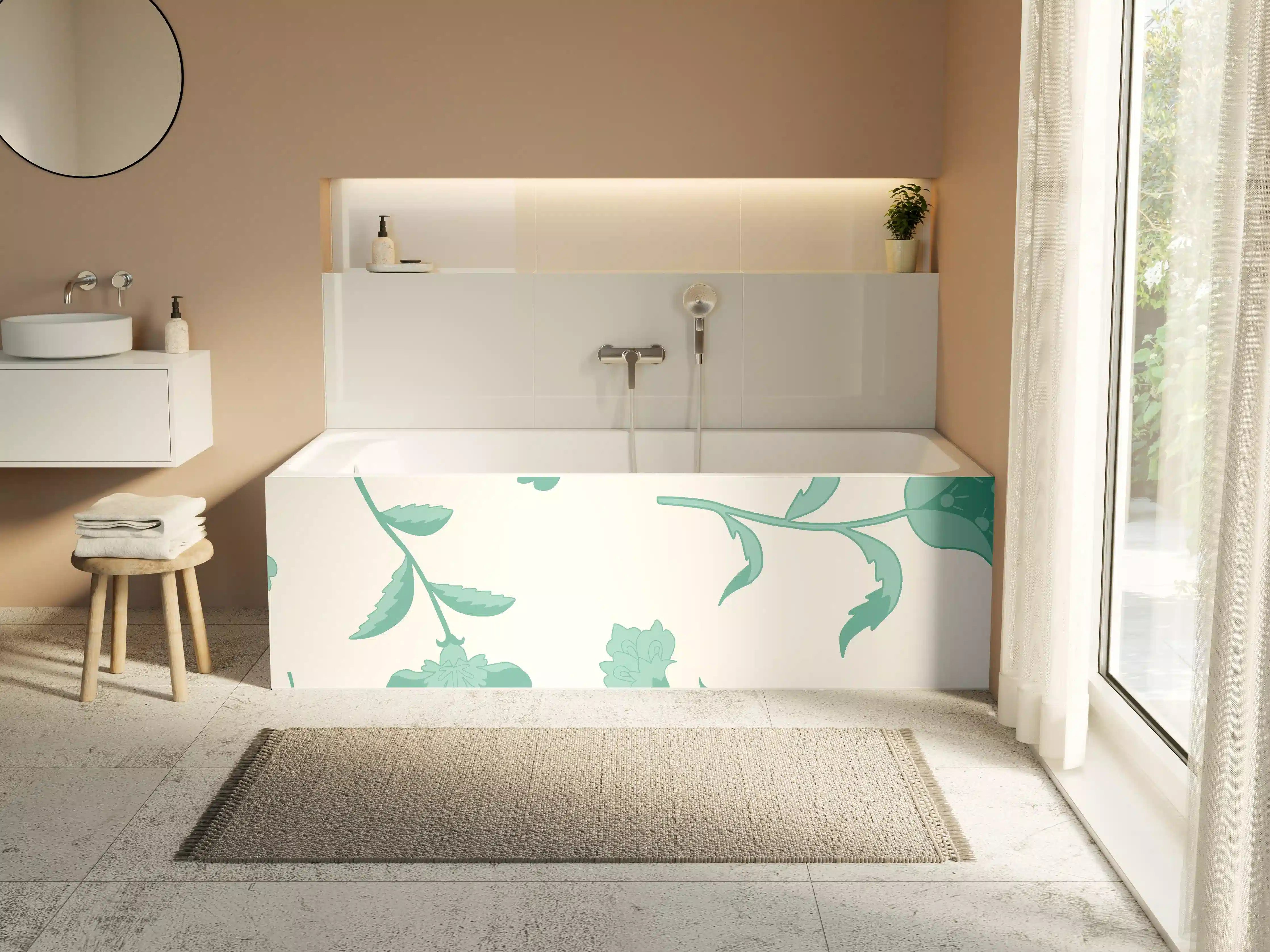 Badewannen-Rückwand - Blumenmuster Türkis-Weiß