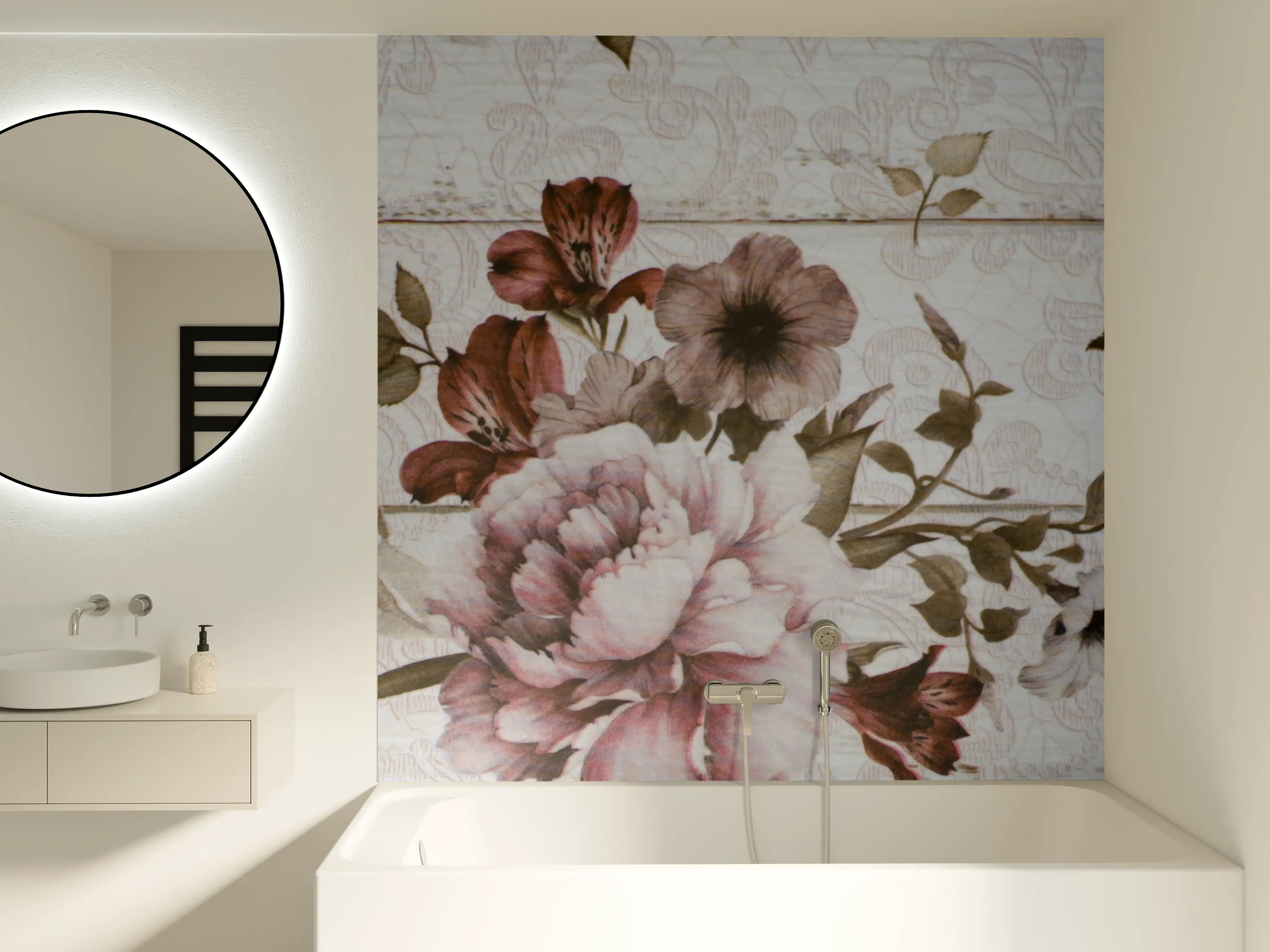 Badewannen-Rückwand - Blumenmuster auf Holzoptik mit sanften Pastellfarben
