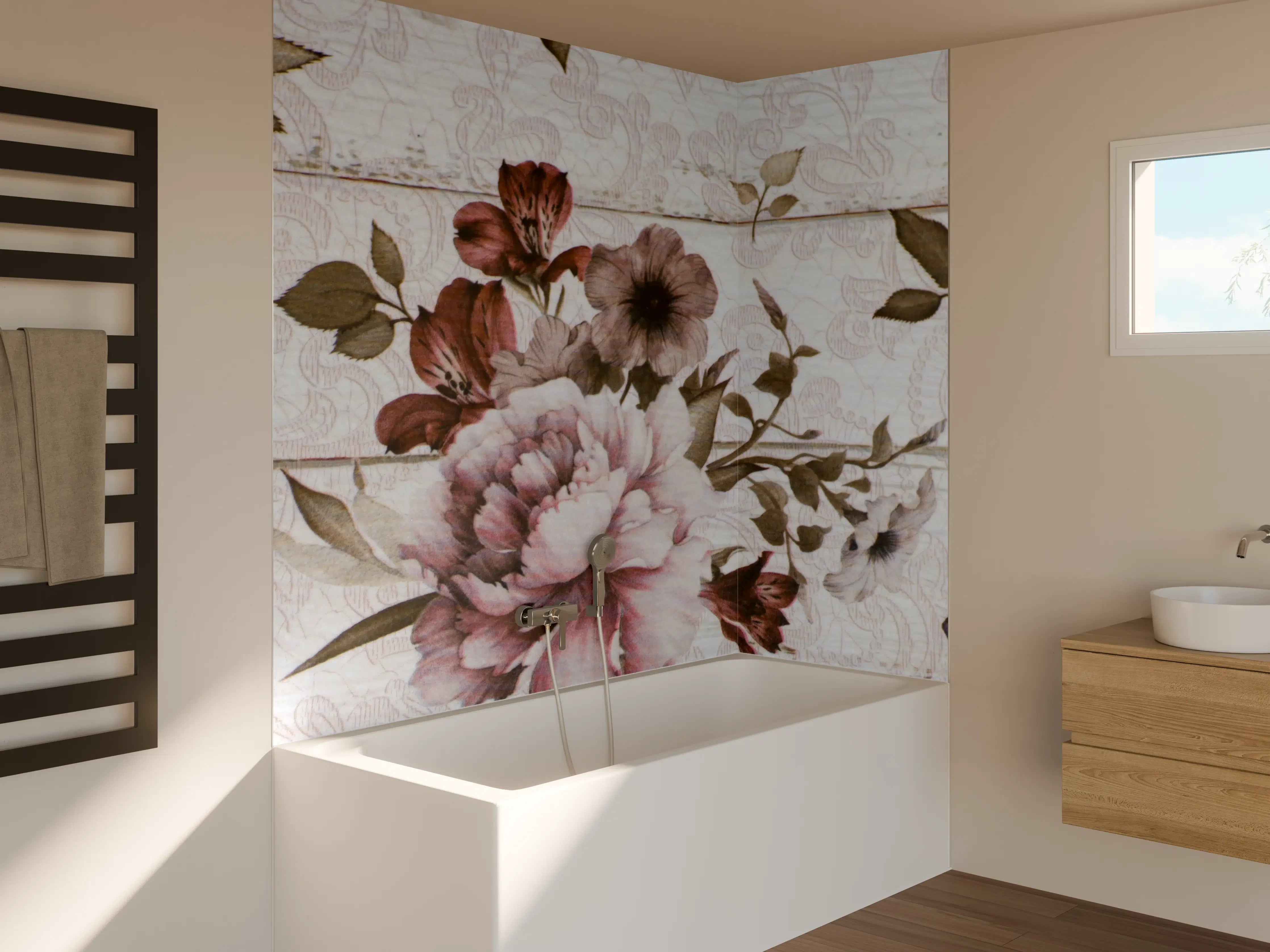 Badewannen-Rückwand - Blumenmuster auf Holzoptik mit sanften Pastellfarben