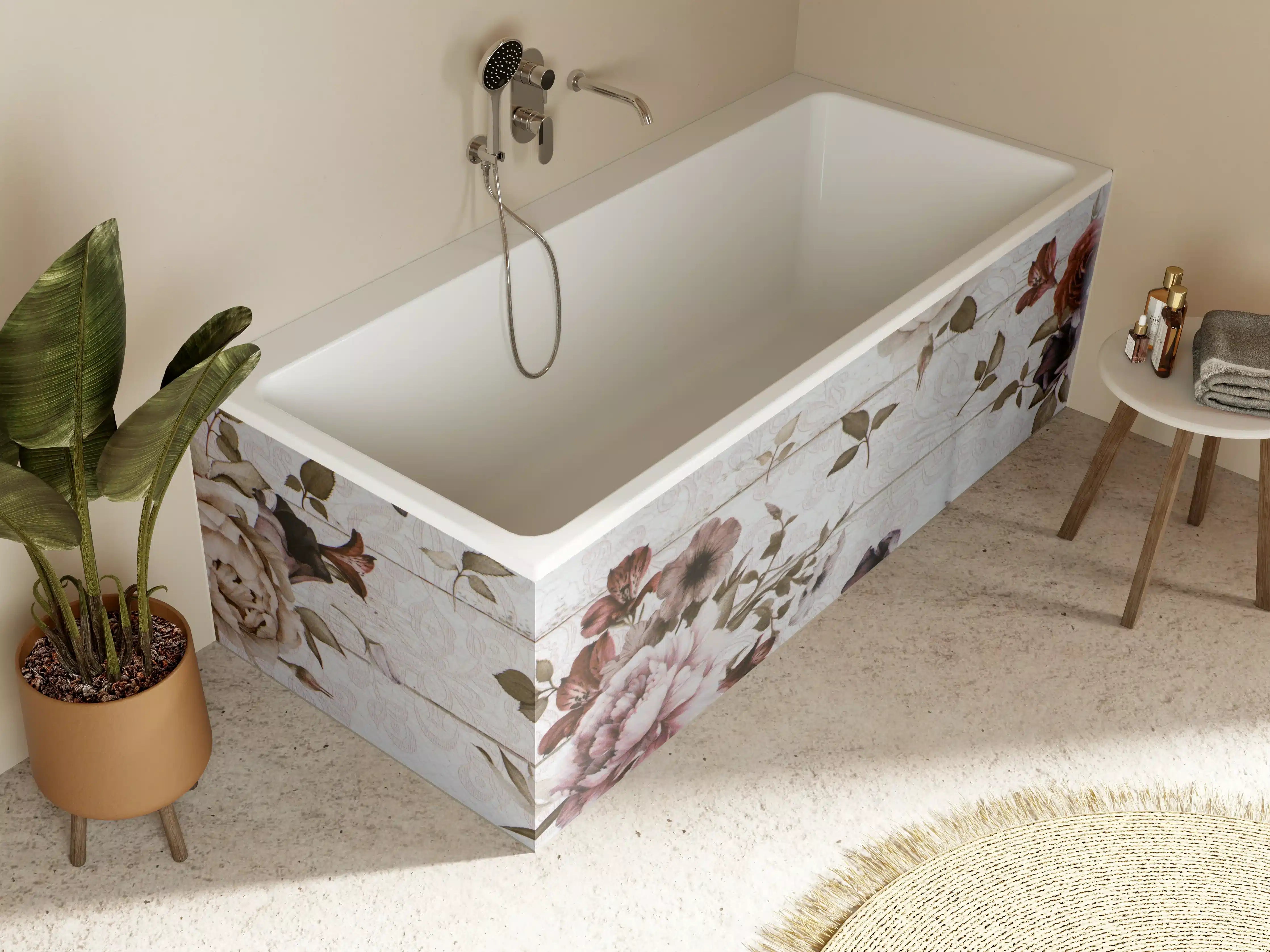 Badewannen-Rückwand - Blumenmuster auf Holzoptik mit sanften Pastellfarben