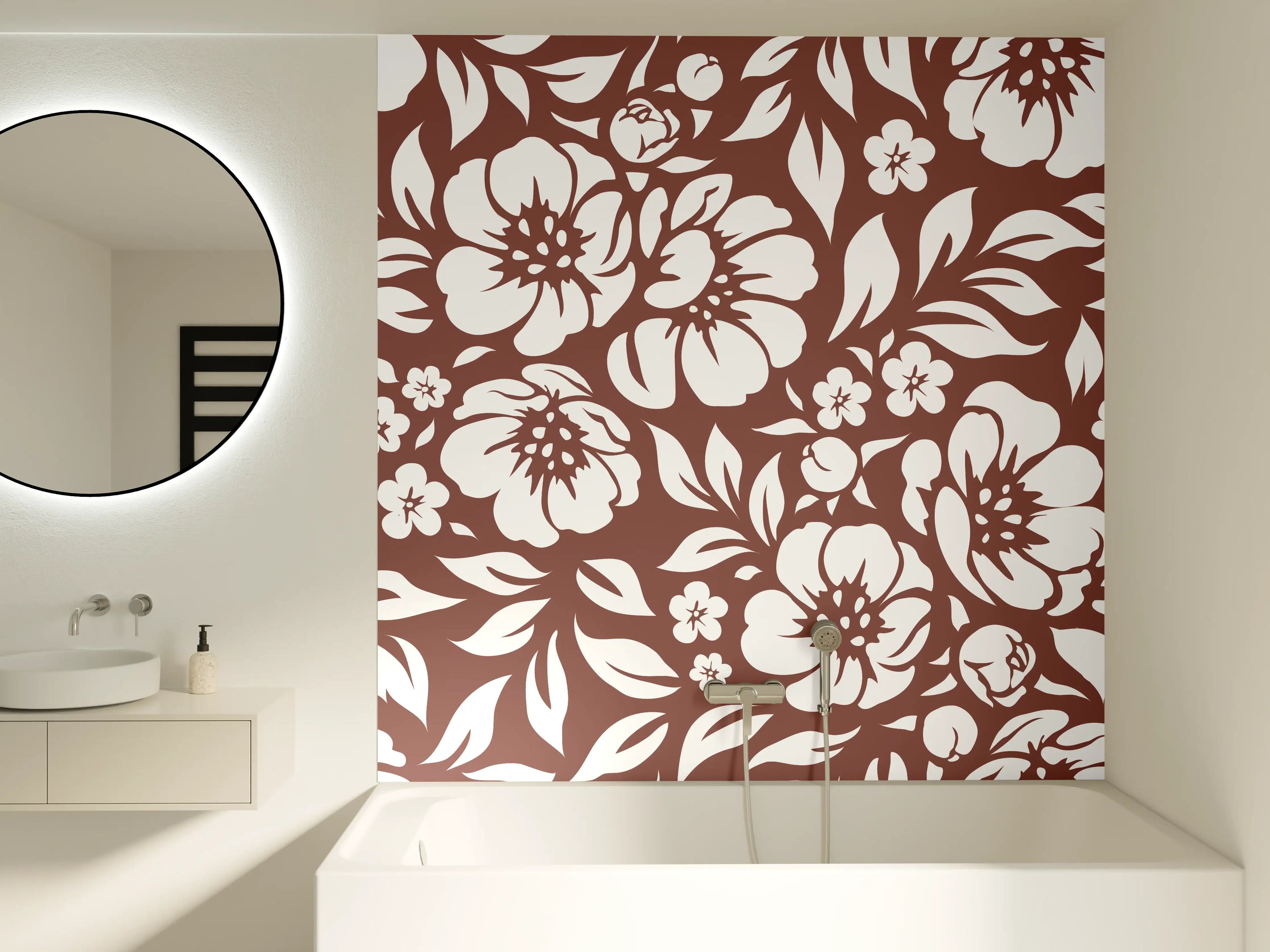 Badewannen-Rückwand - Blumenmuster in Weiß auf Braun