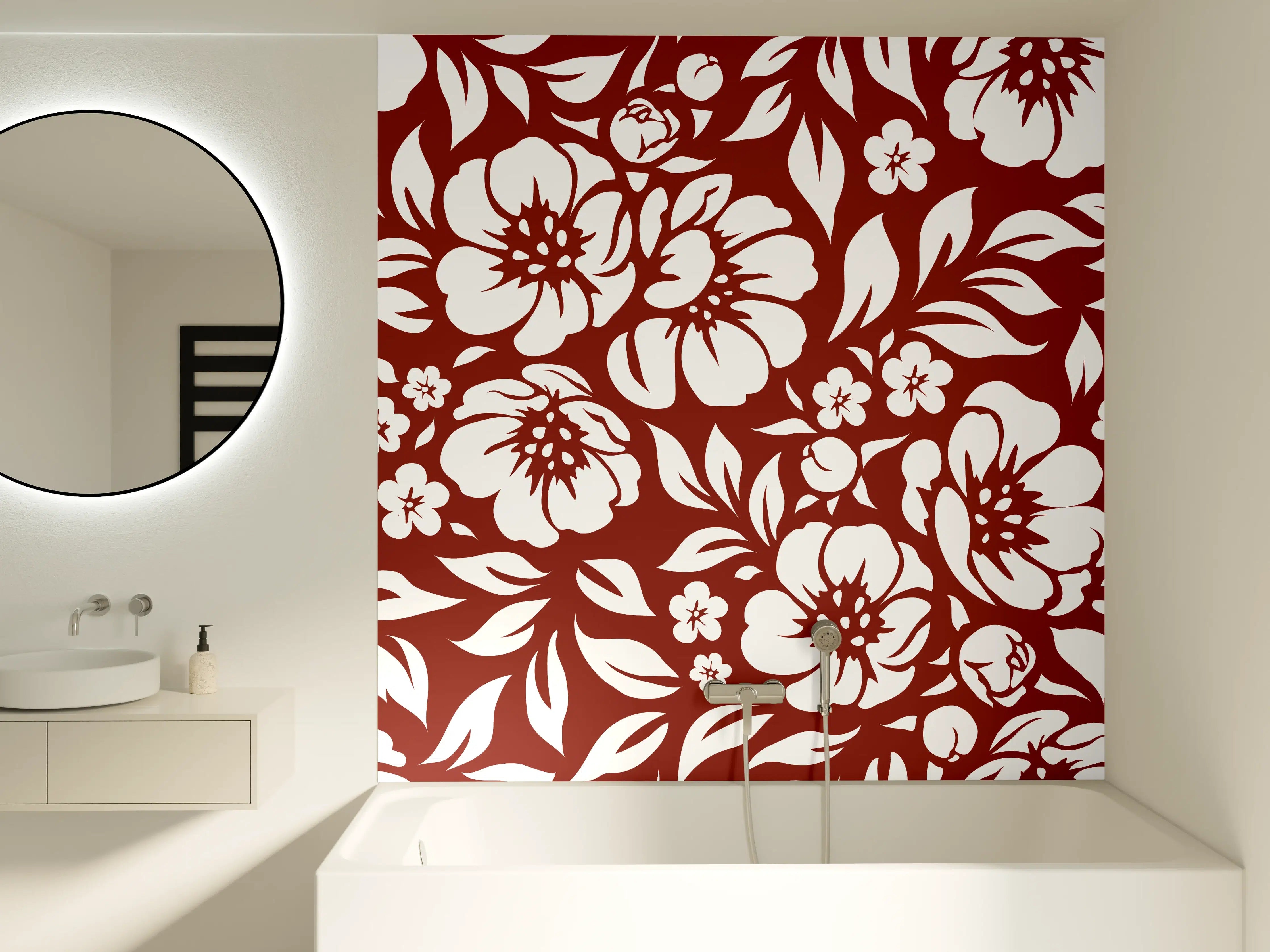 Badewannen-Rückwand - Blumenmuster in kräftigem Rot auf Weiß