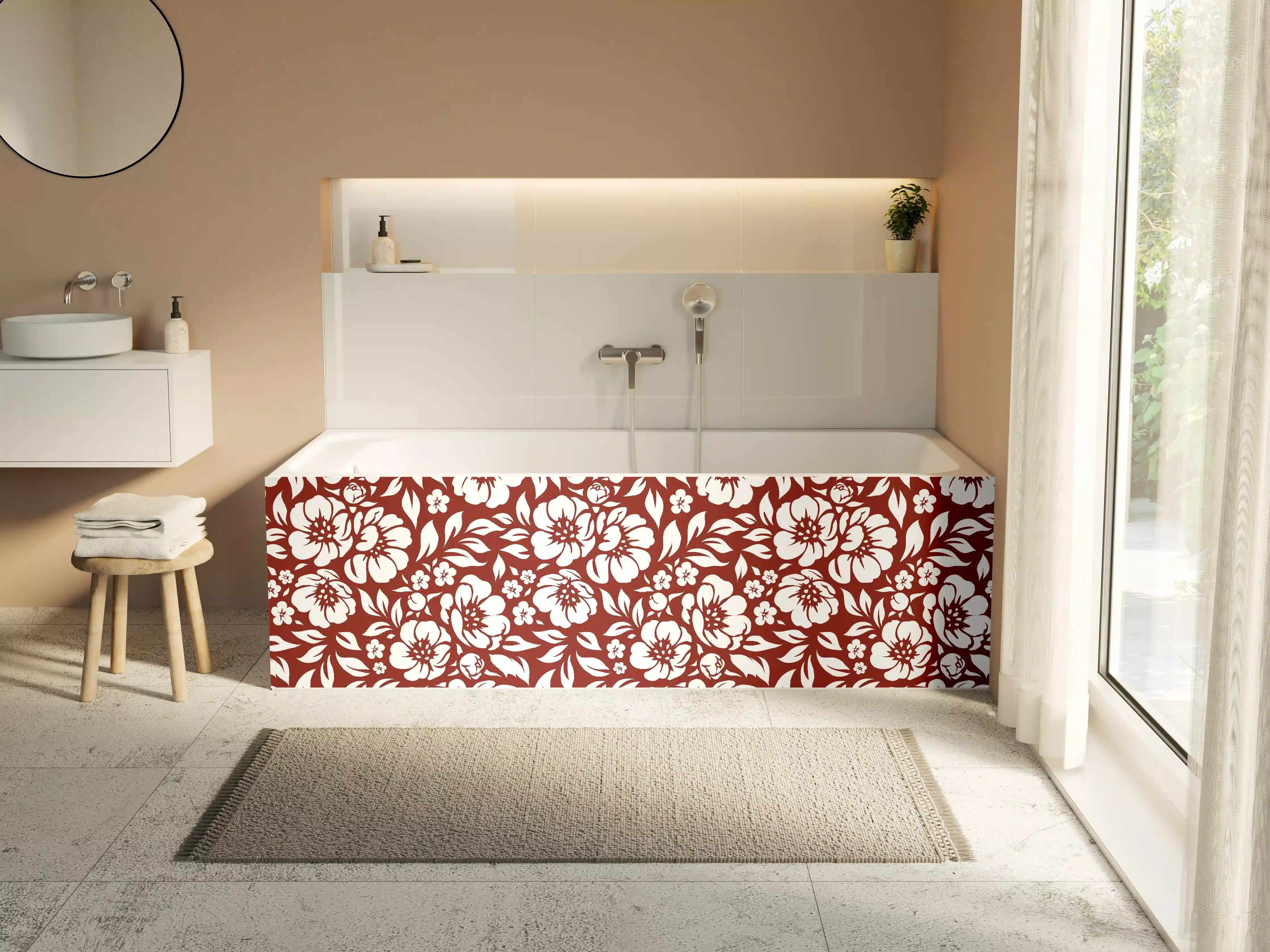 Badewannen-Rückwand - Blumenmuster in kräftigem Rot auf Weiß