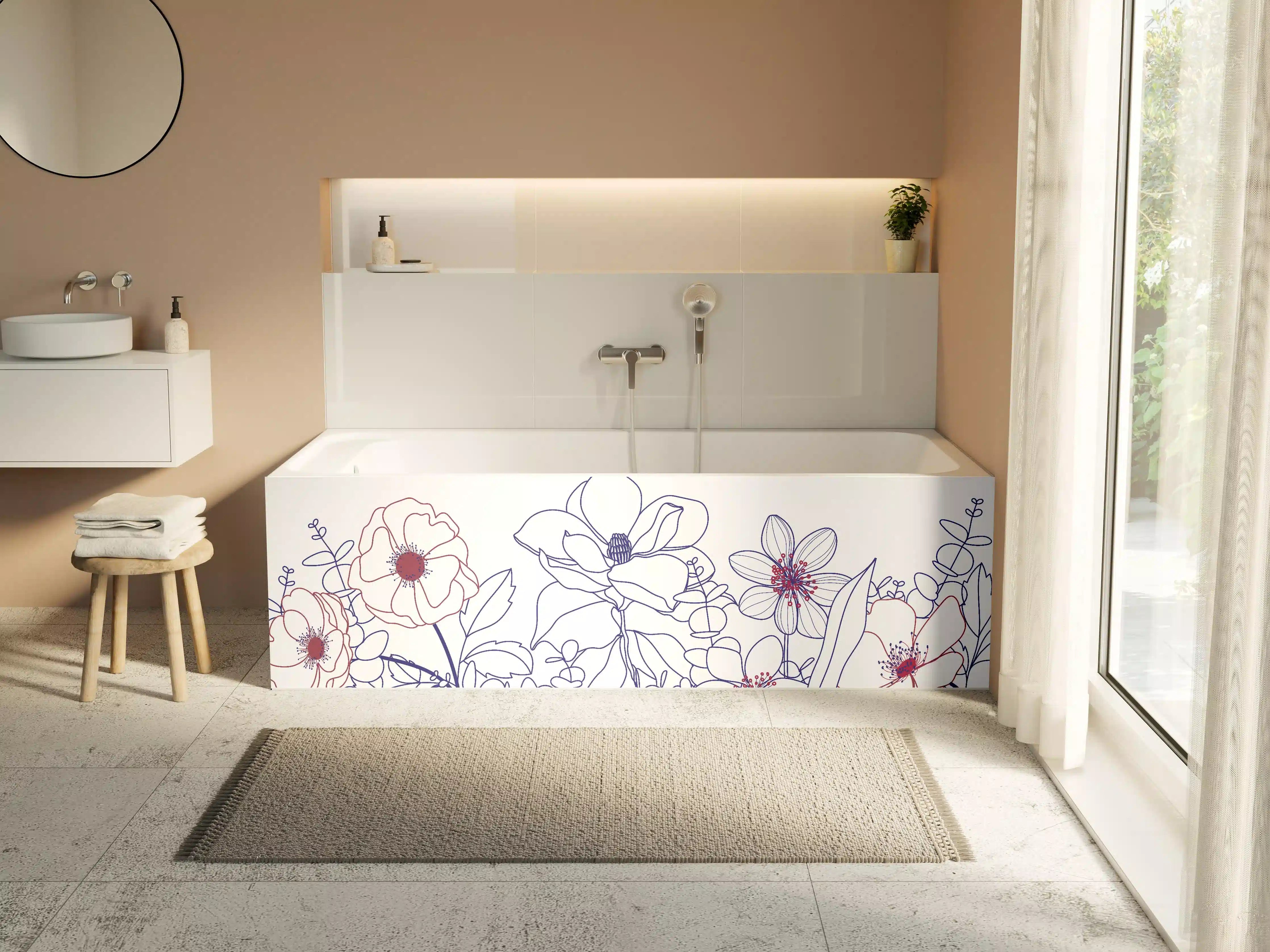 Badewannen-Rückwand - Blumenstrauß Linienzeichnung Wanddekor