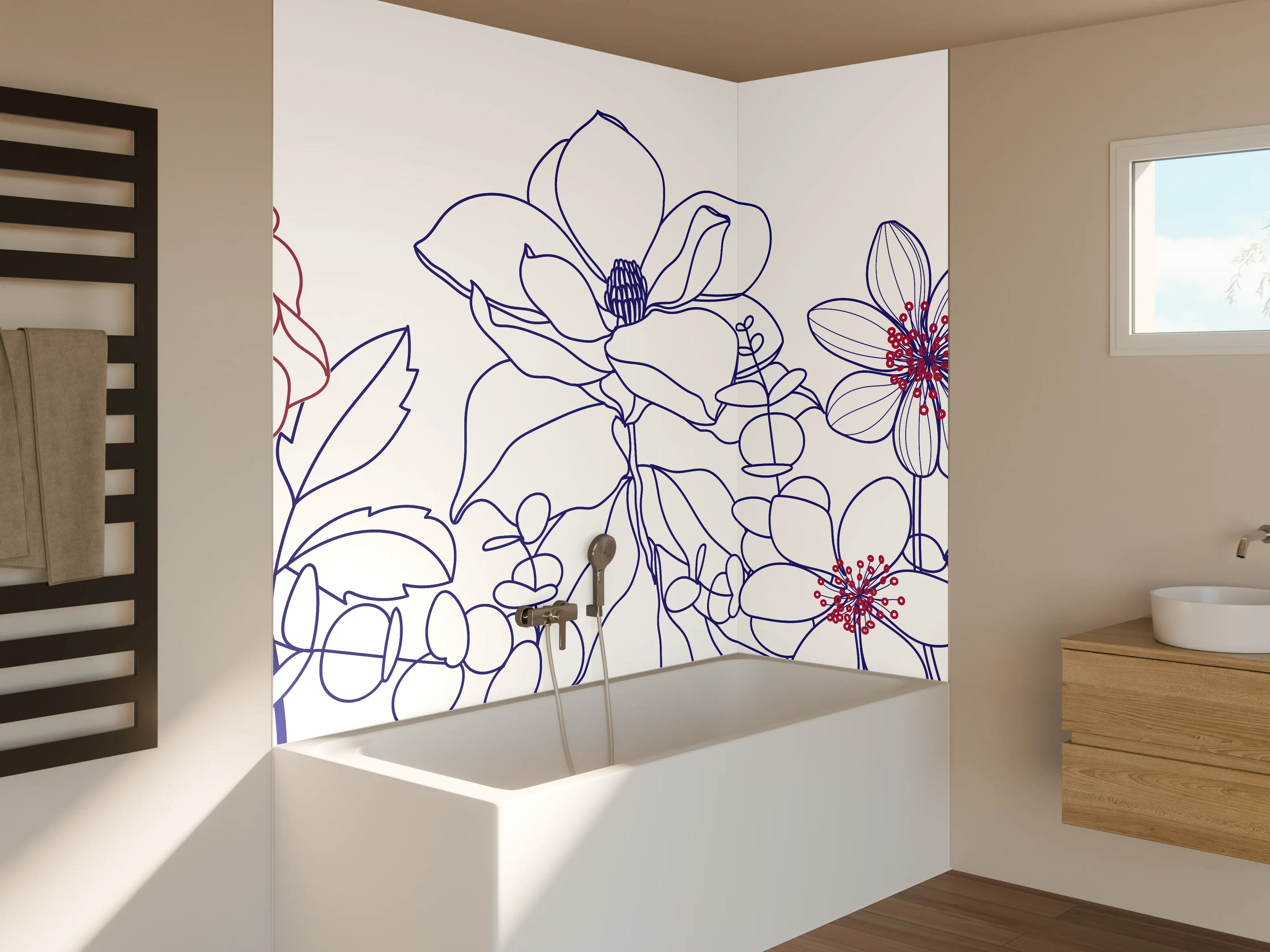 Badewannen-Rückwand - Blumenstrauß Linienzeichnung Wanddekor