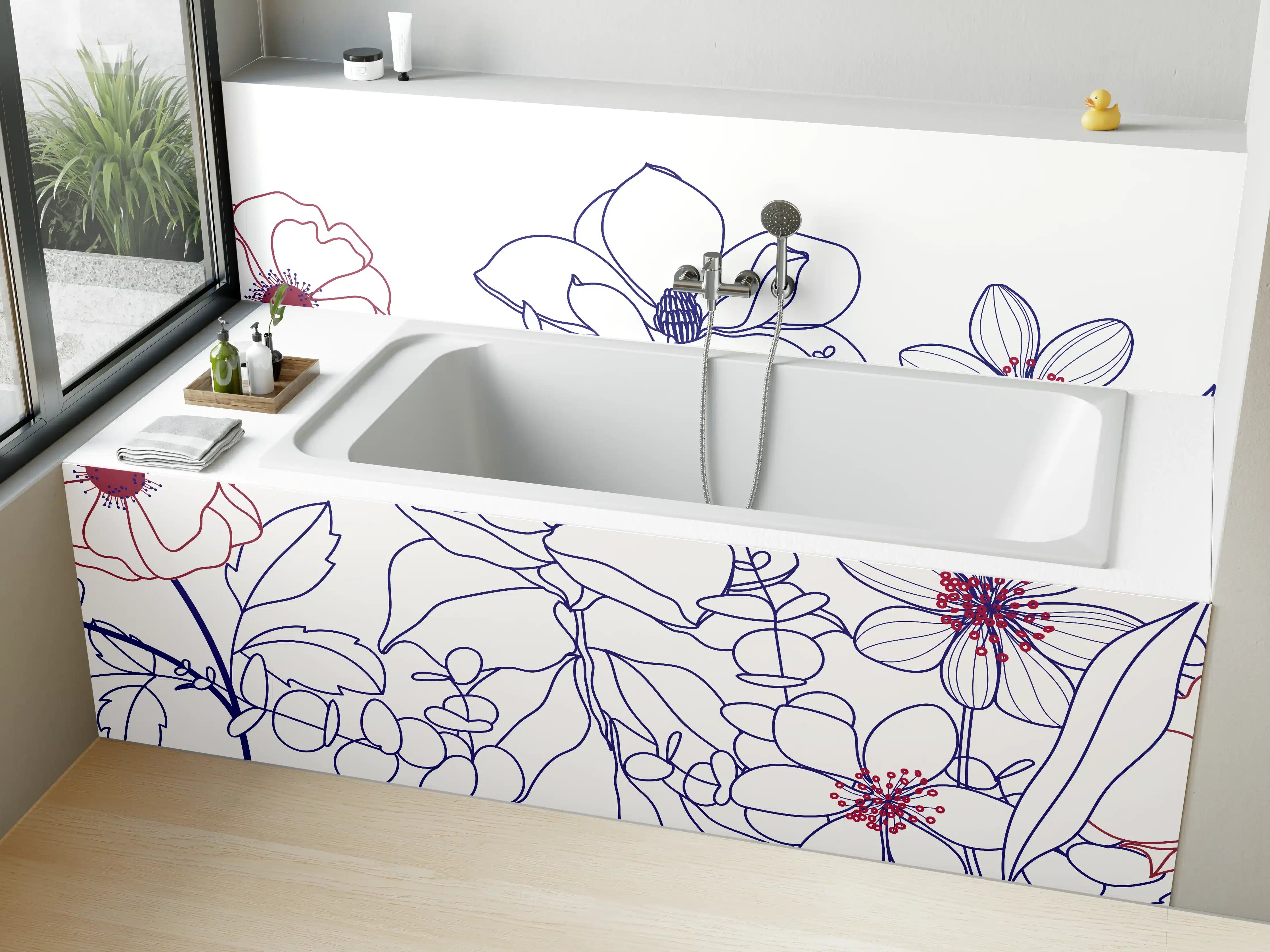 Badewannen-Rückwand - Blumenstrauß Linienzeichnung Wanddekor