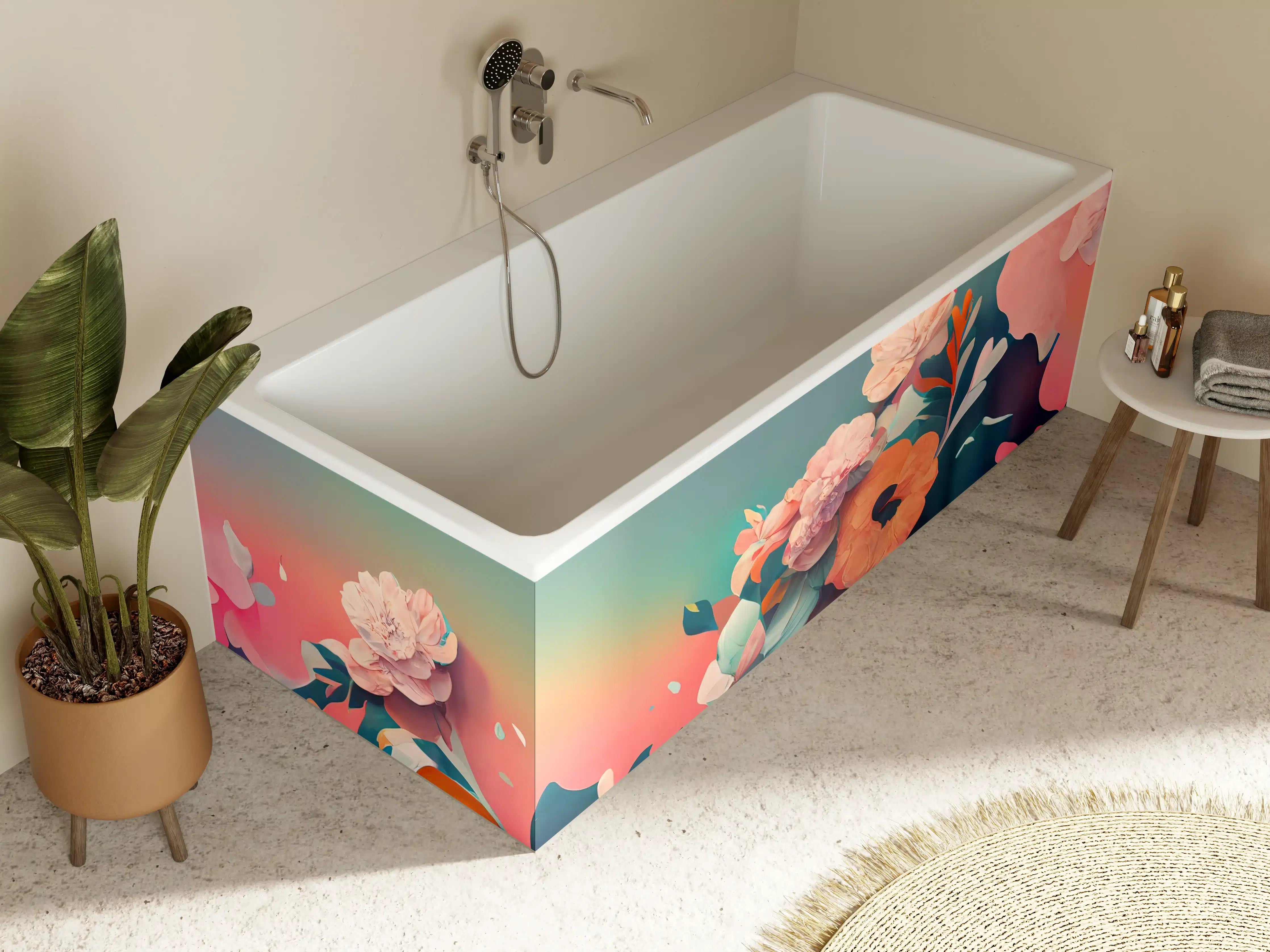 Badewannen-Rückwand - Blumiges Design mit warmen Farbtönen