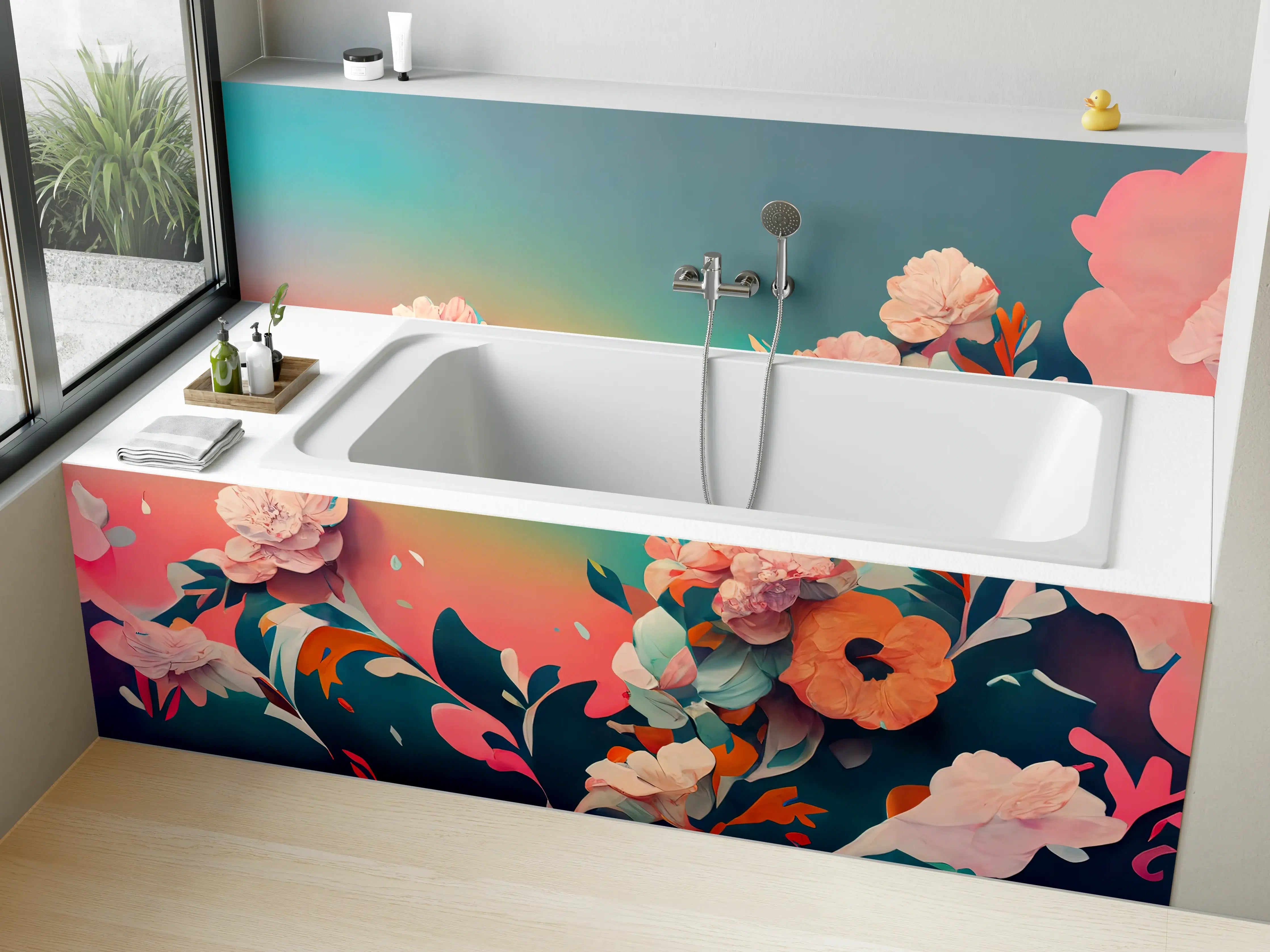Badewannen-Rückwand - Blumiges Design mit warmen Farbtönen