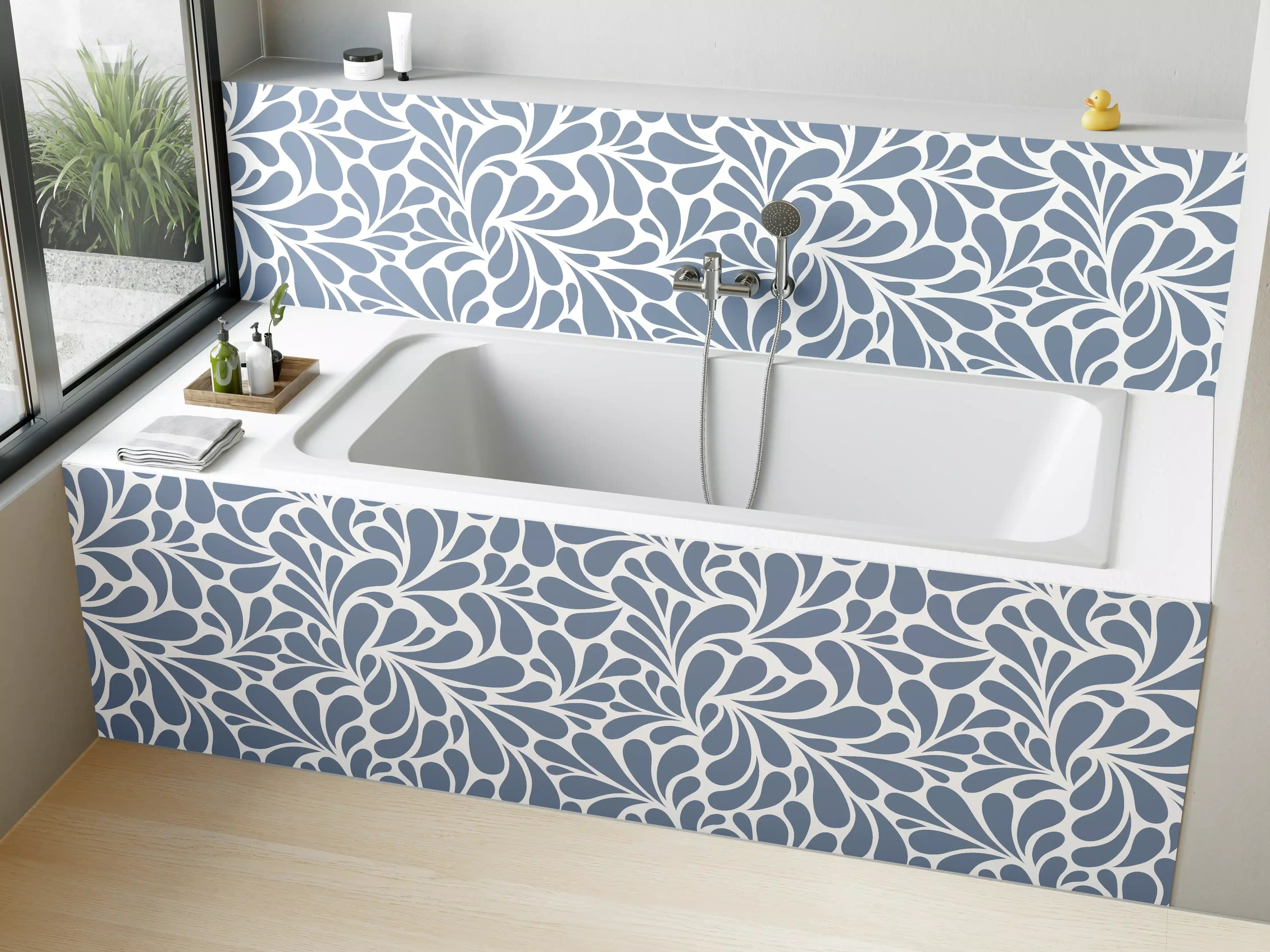 Badewannen-Rückwand - Blumiges Muster in Blau und Grau