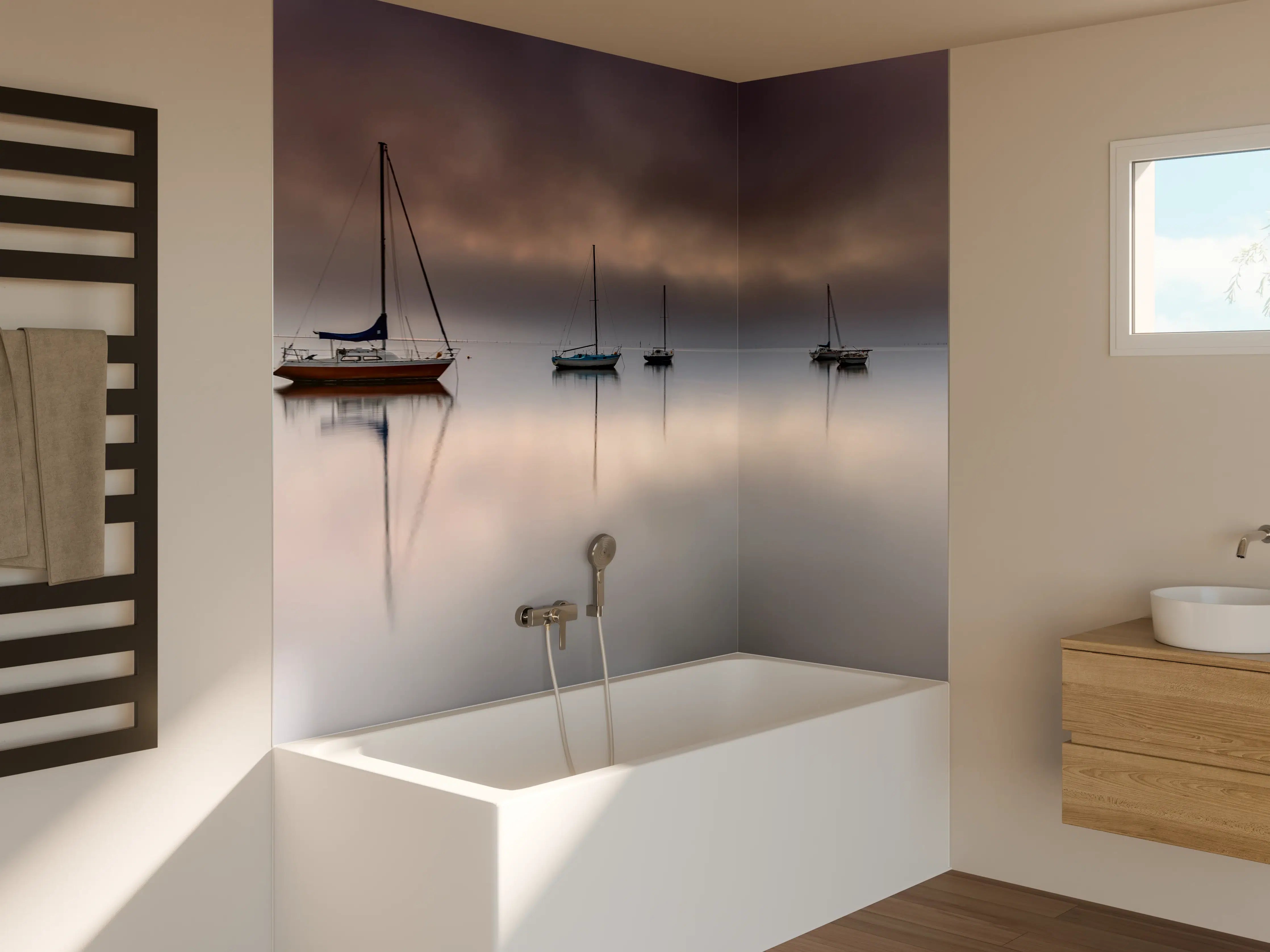 Badewannen-Rückwand - Boote auf nebeligem Meer
