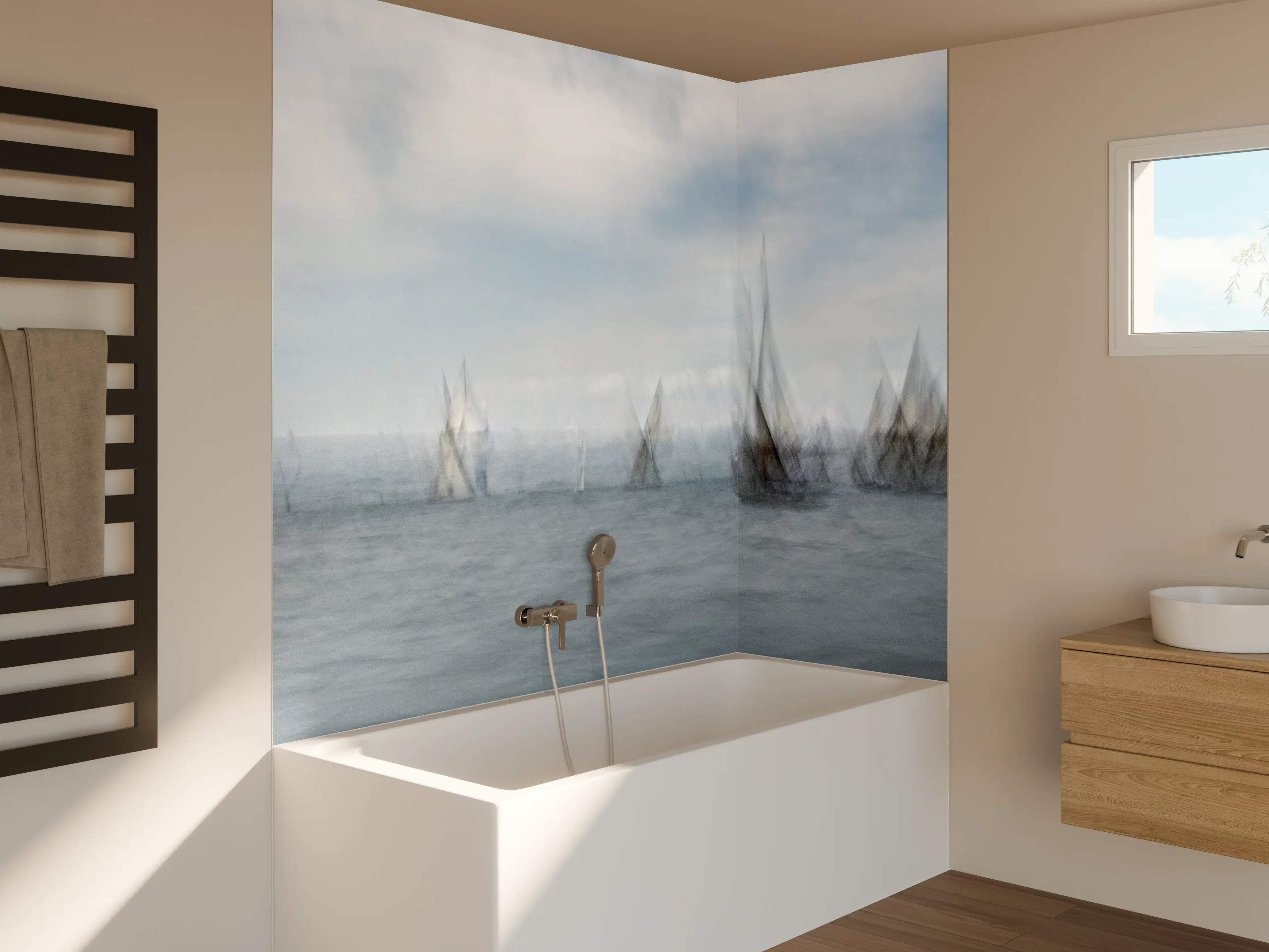 Badewannen-Rückwand - Boote im Meer - Unscharf