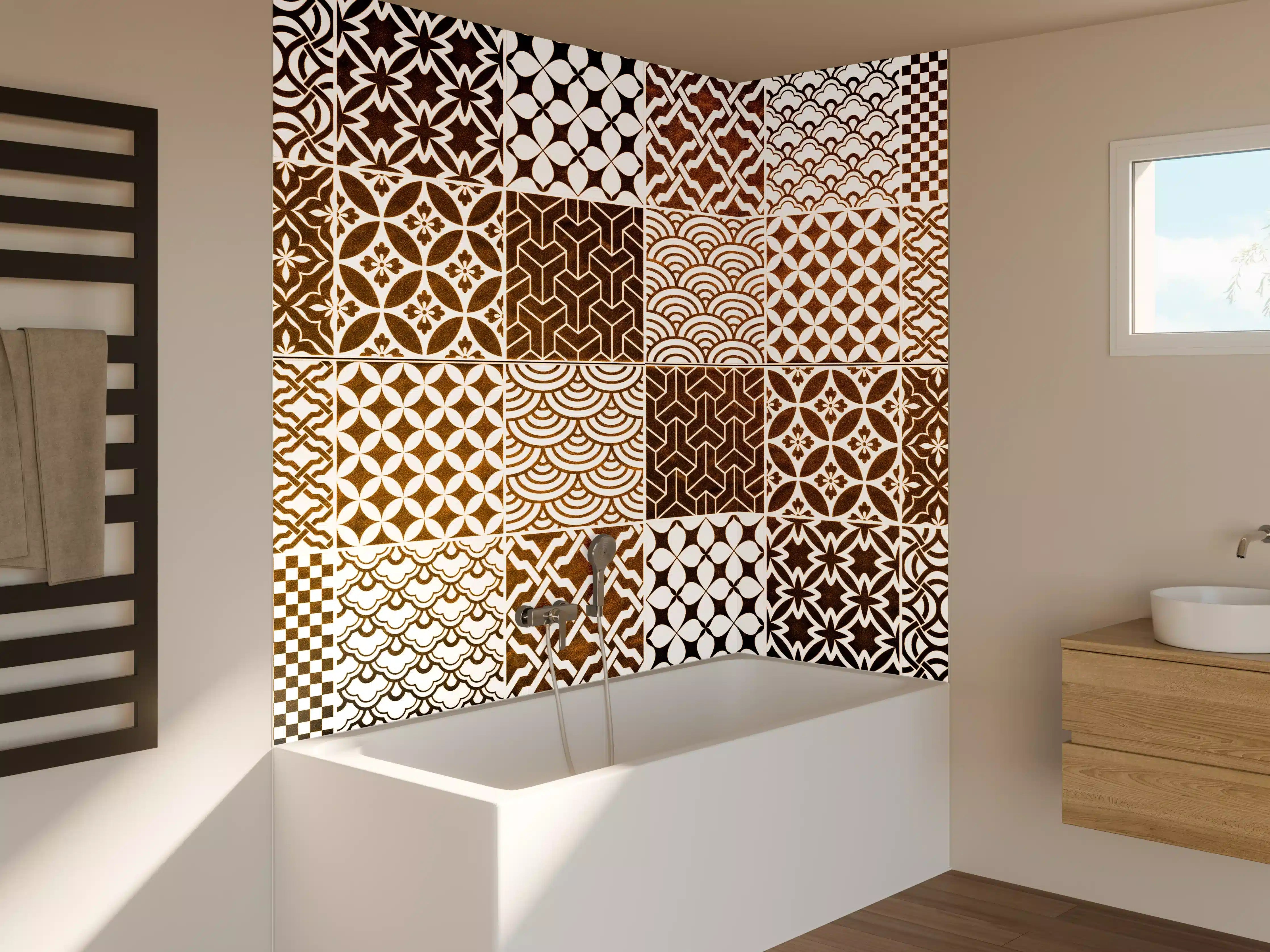 Badewannen-Rückwand - Braun-Beige geometrisch Mosaik