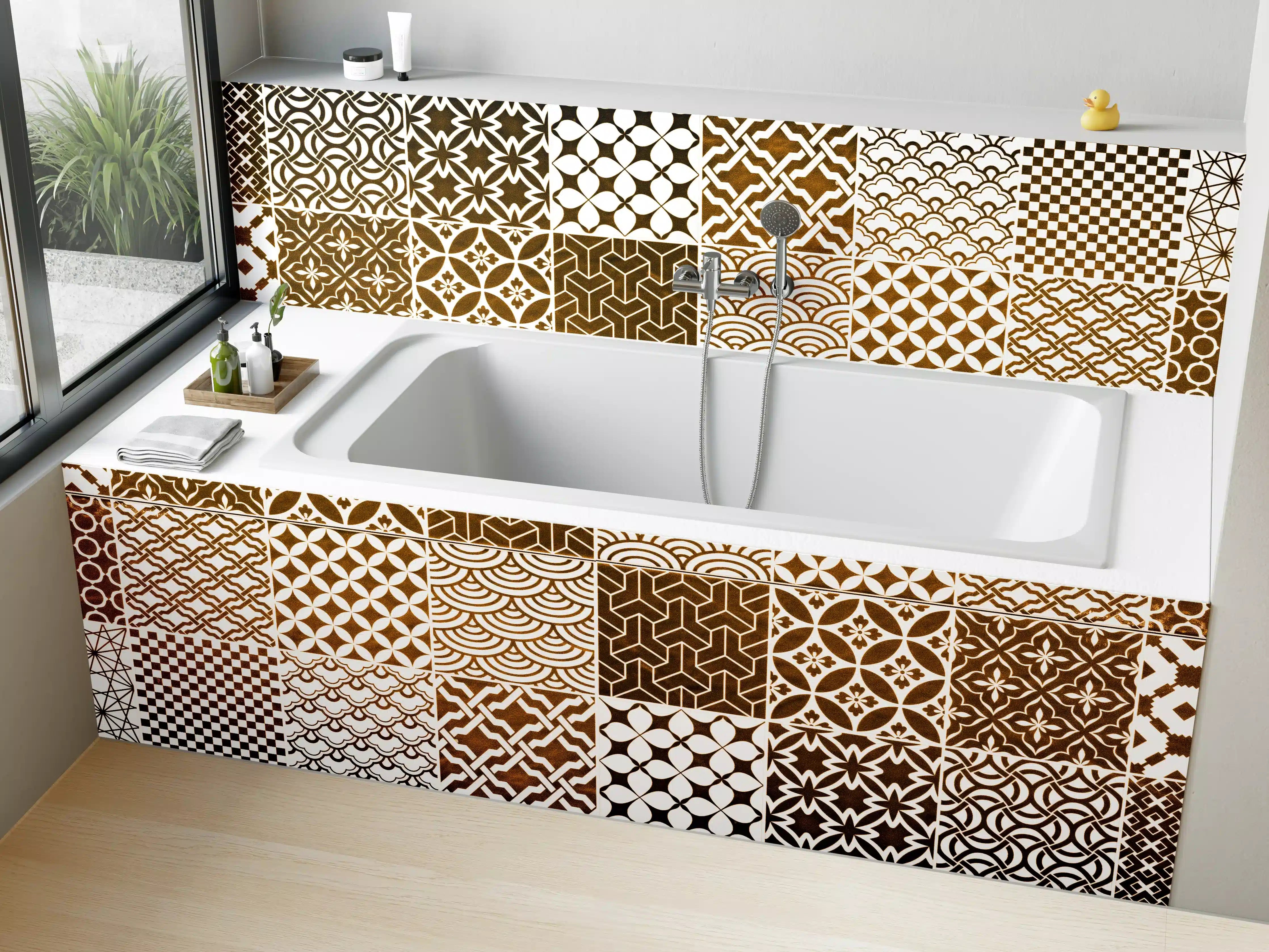 Badewannen-Rückwand - Braun-Beige geometrisch Mosaik
