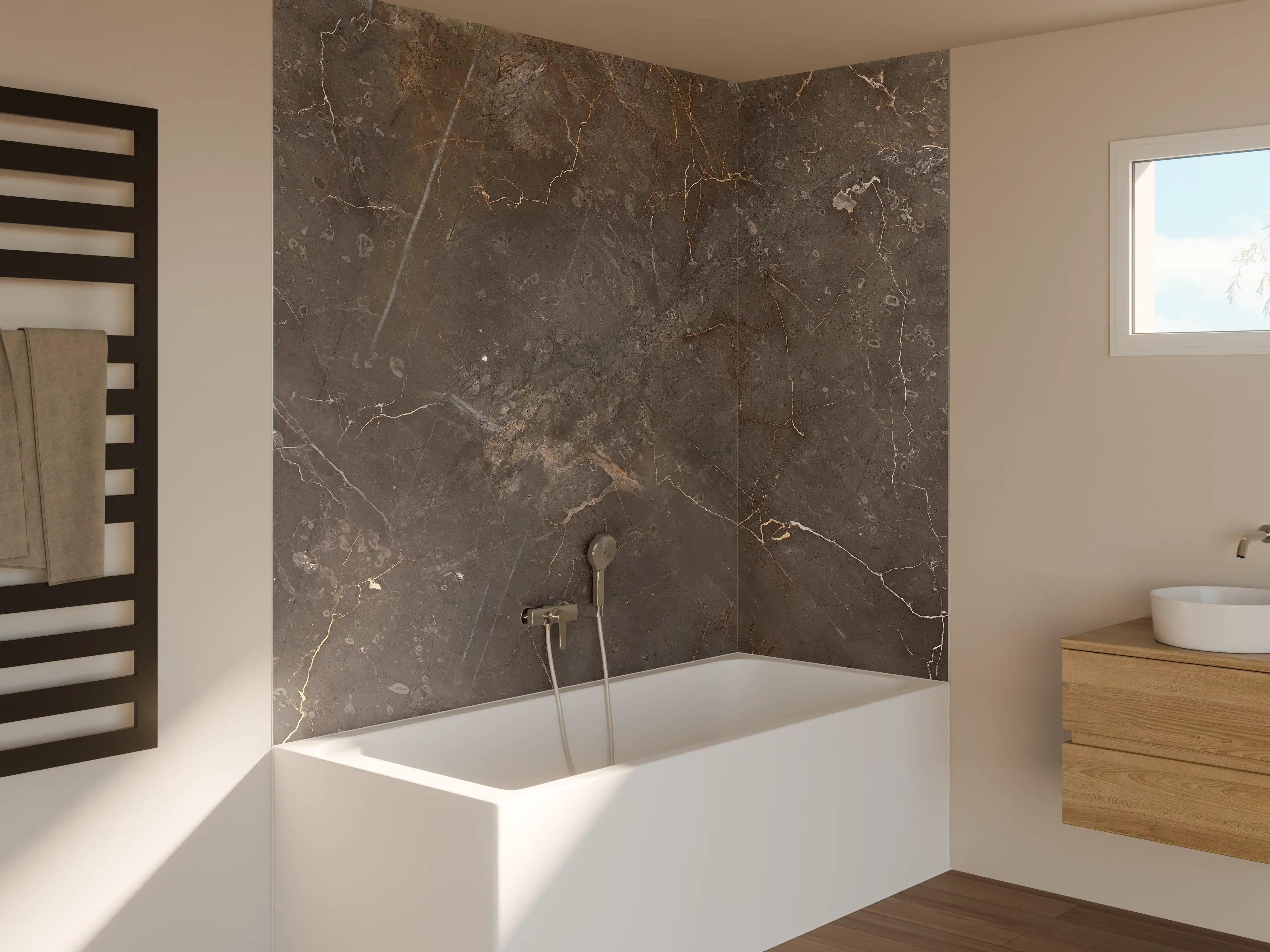 Badewannen-Rückwand - Braun-Grauer Marmor mit Adern