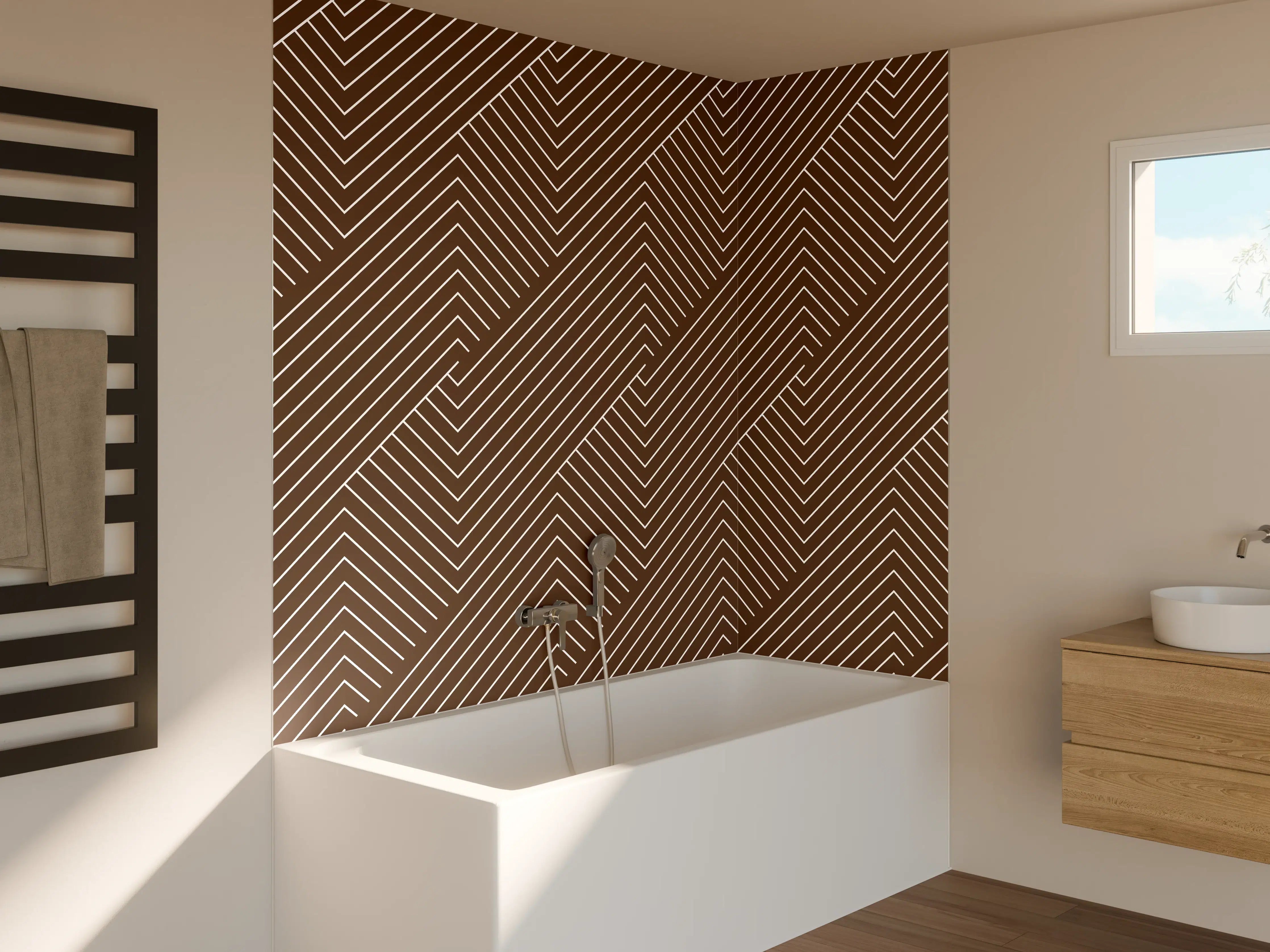 Badewannen-Rückwand - Braune geometrische Linienmuster mit weißen Akzenten