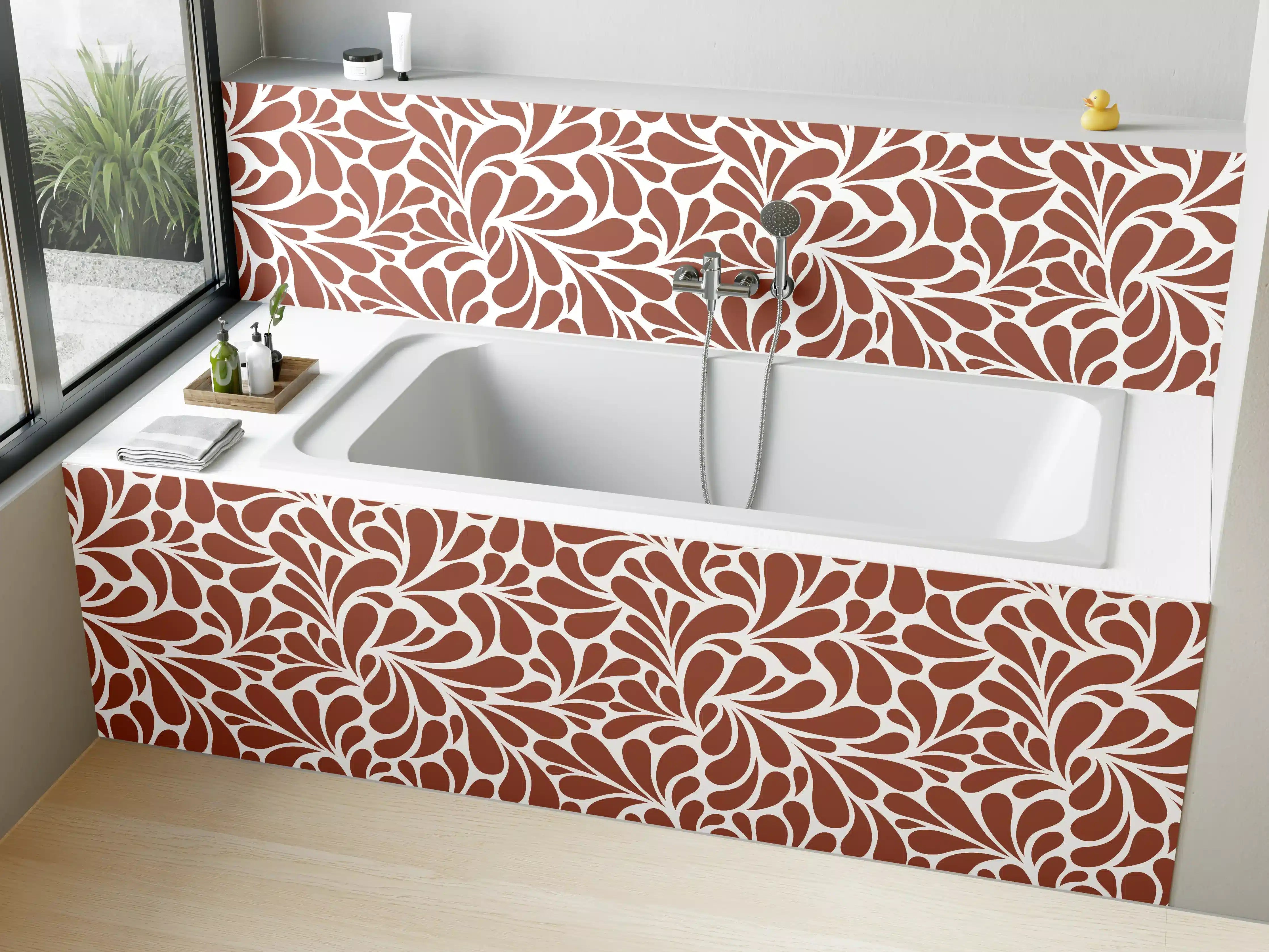 Badewannen-Rückwand - Braune und weiße florale Musterung
