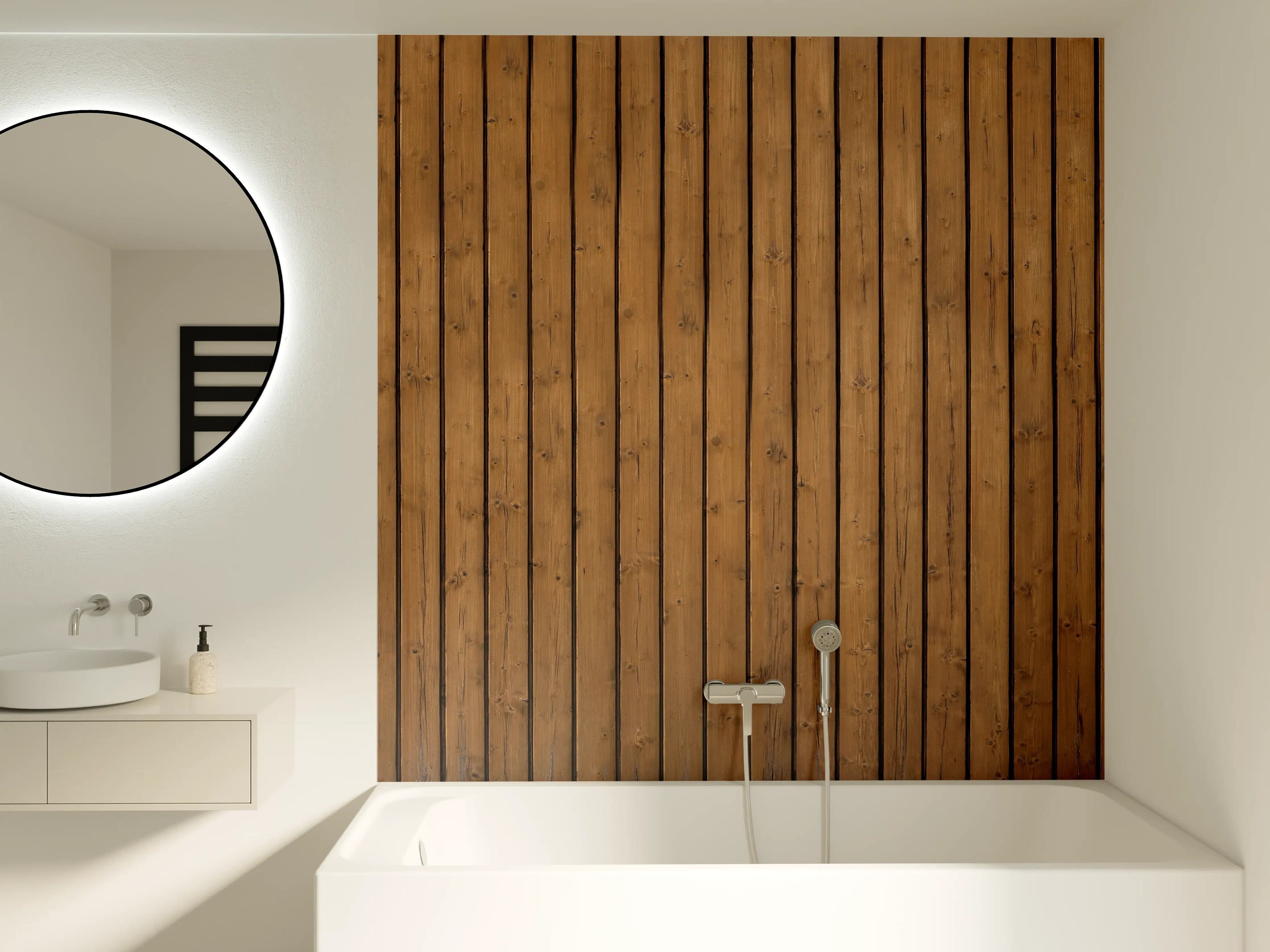 Badewannen-Rückwand - Braune vertikale Holzdielen