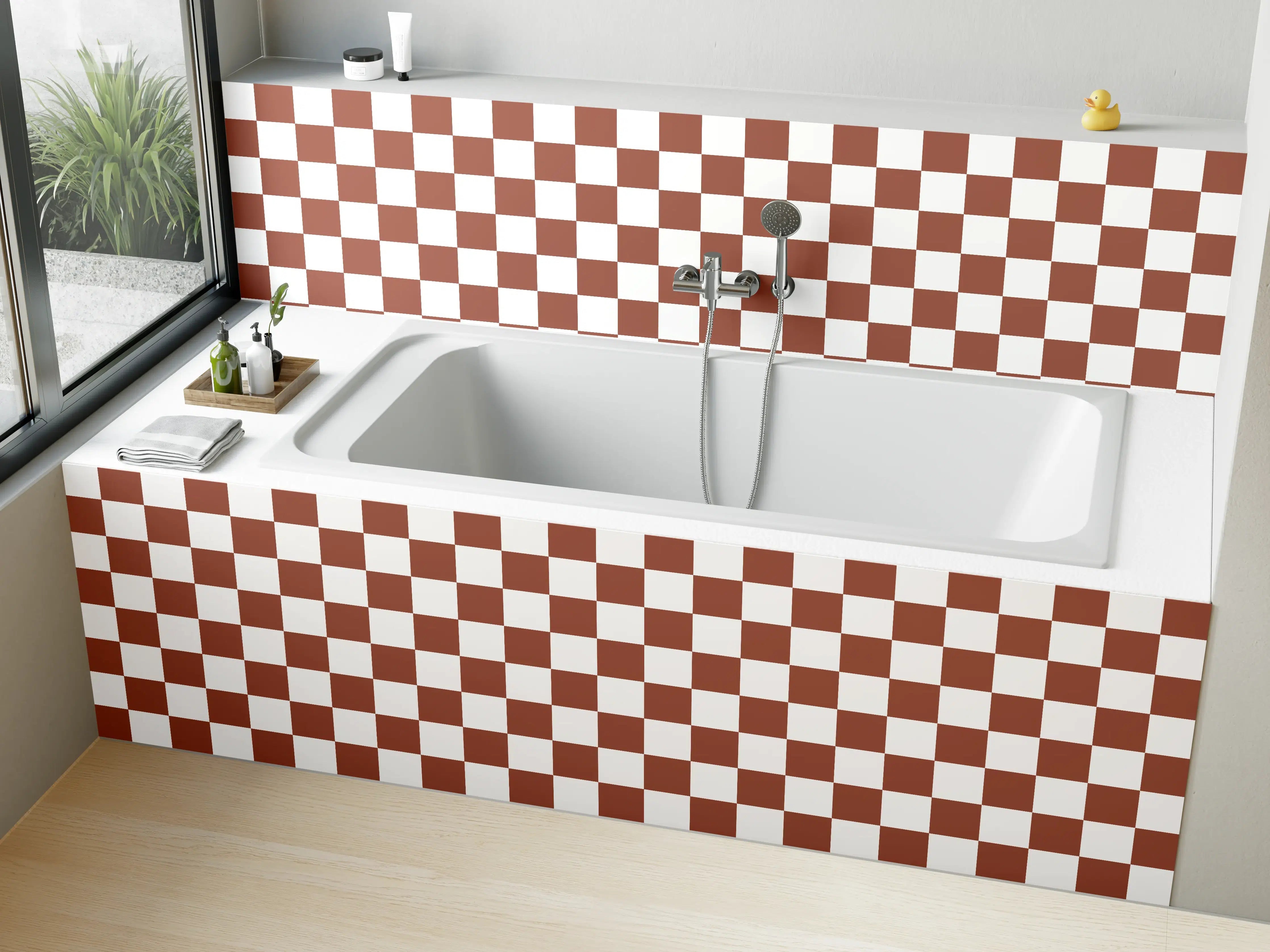 Badewannen-Rückwand - Braunes Kachelmuster im Checkered-Design