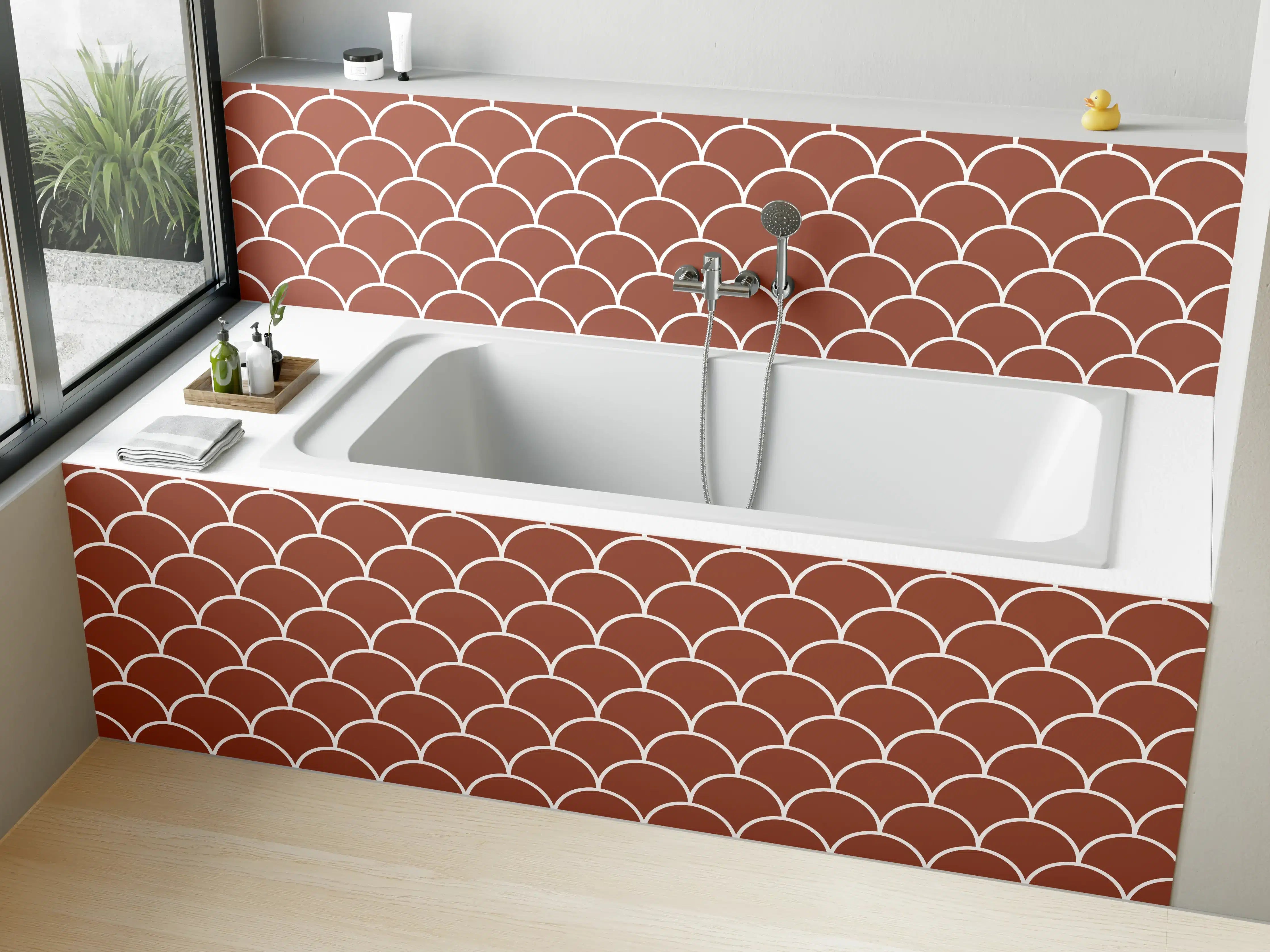 Badewannen-Rückwand - Brunnenformation in sanften Erdtönen