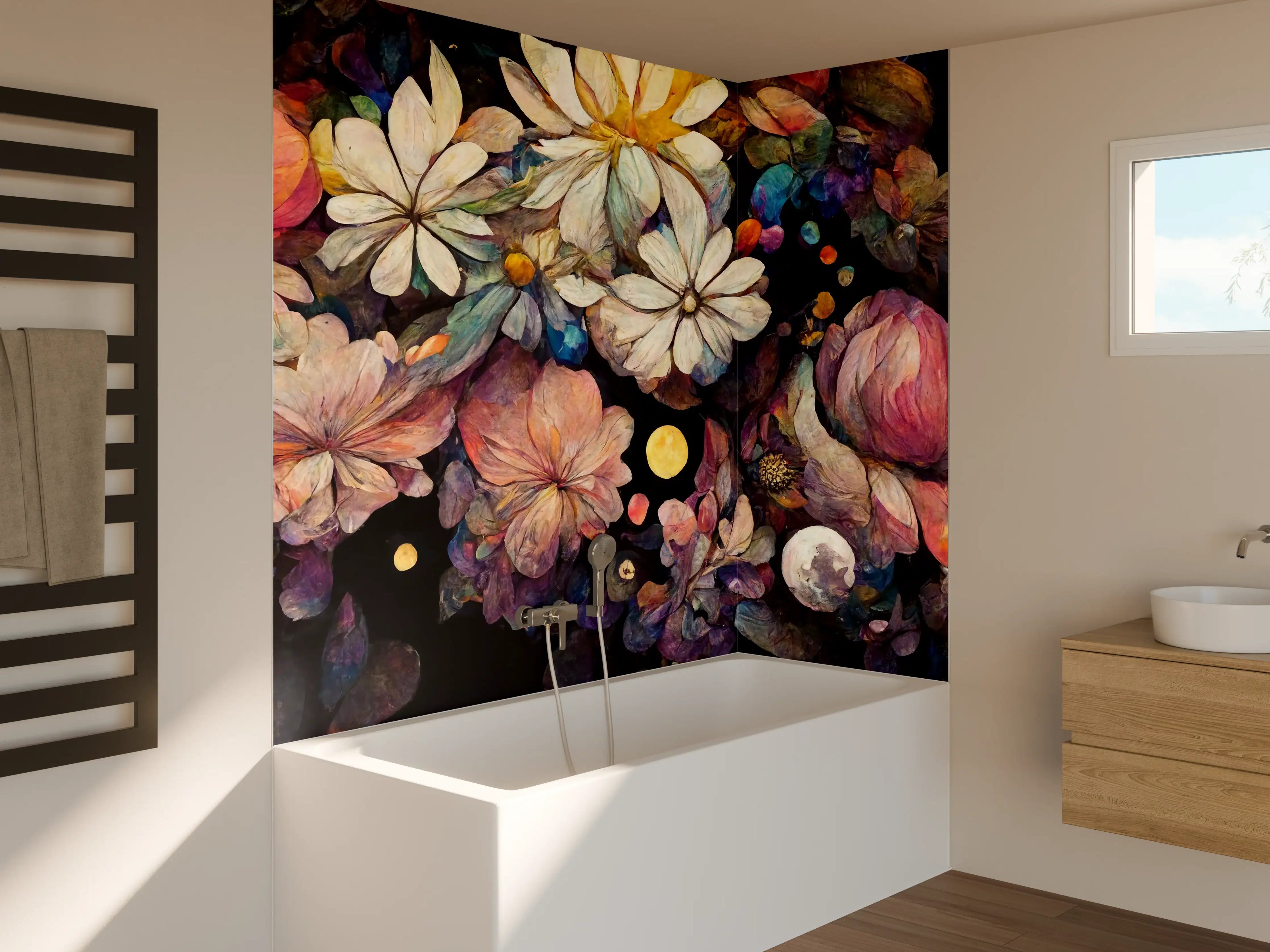 Badewannen-Rückwand - Bunte Blumen und Farbkleckse in Acryltechnik