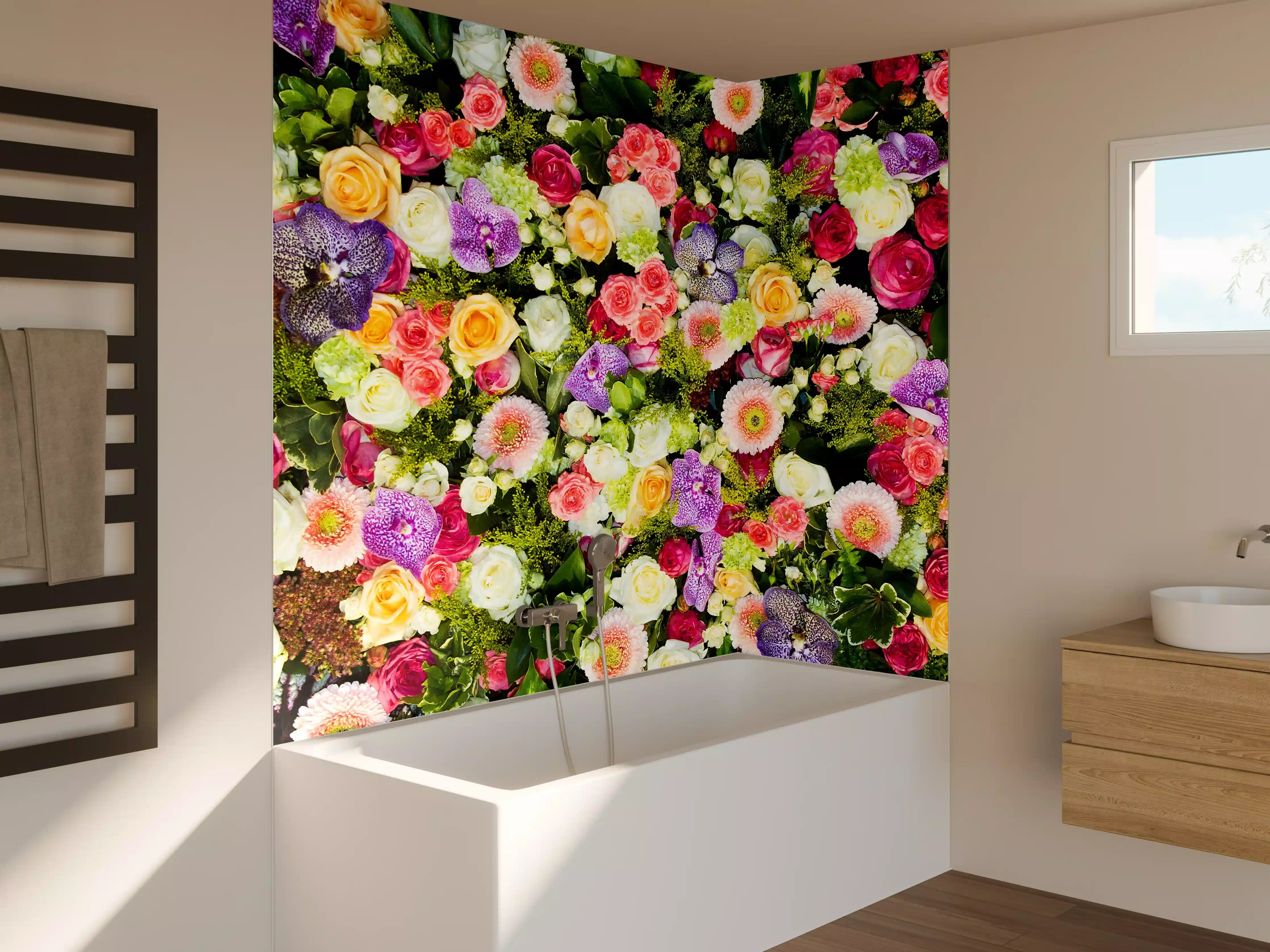 Badewannen-Rückwand - Bunte Blumenvielfalt mit Rosen, Margeriten und Veilchen