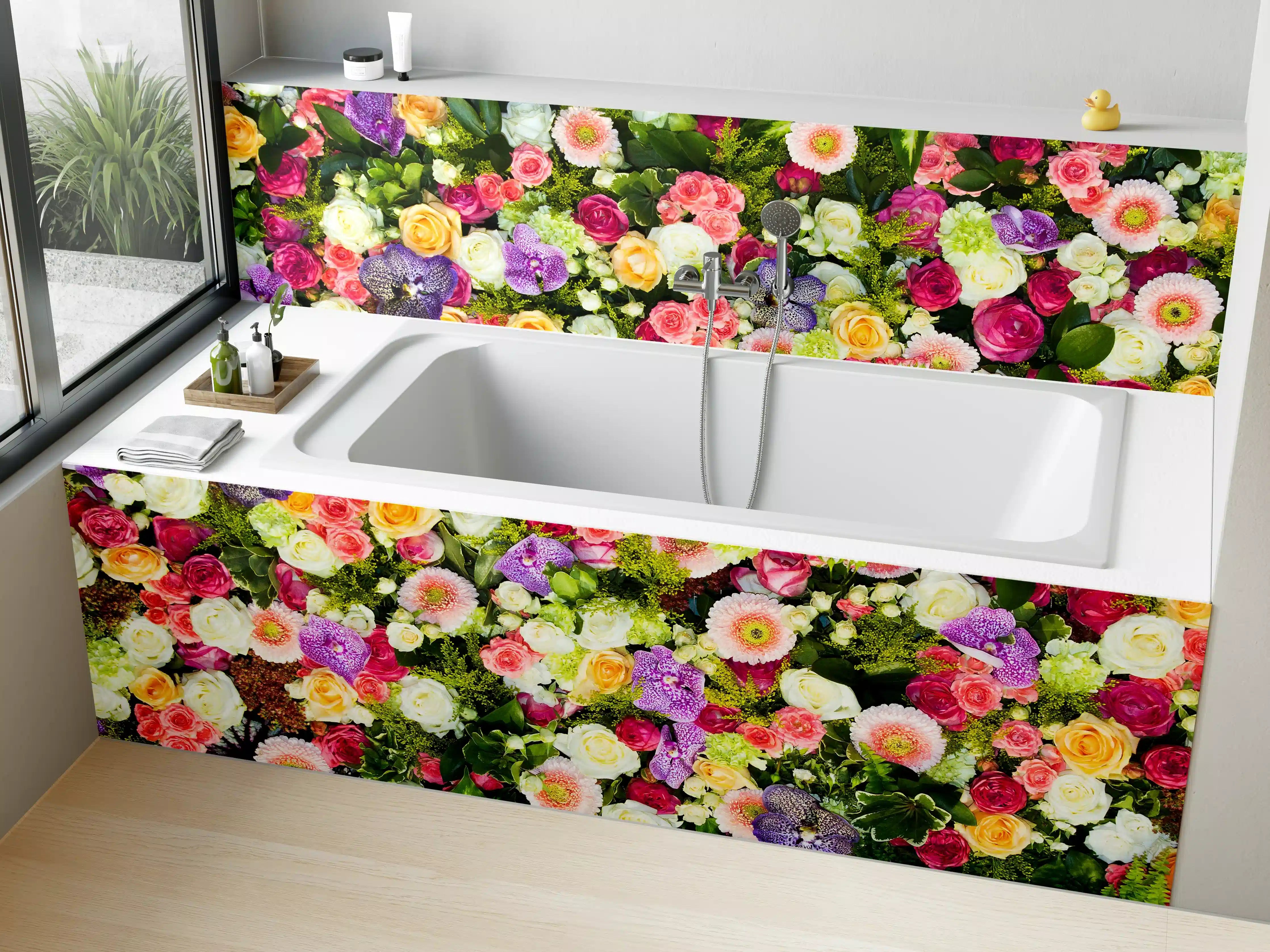 Badewannen-Rückwand - Bunte Blumenvielfalt mit Rosen, Margeriten und Veilchen