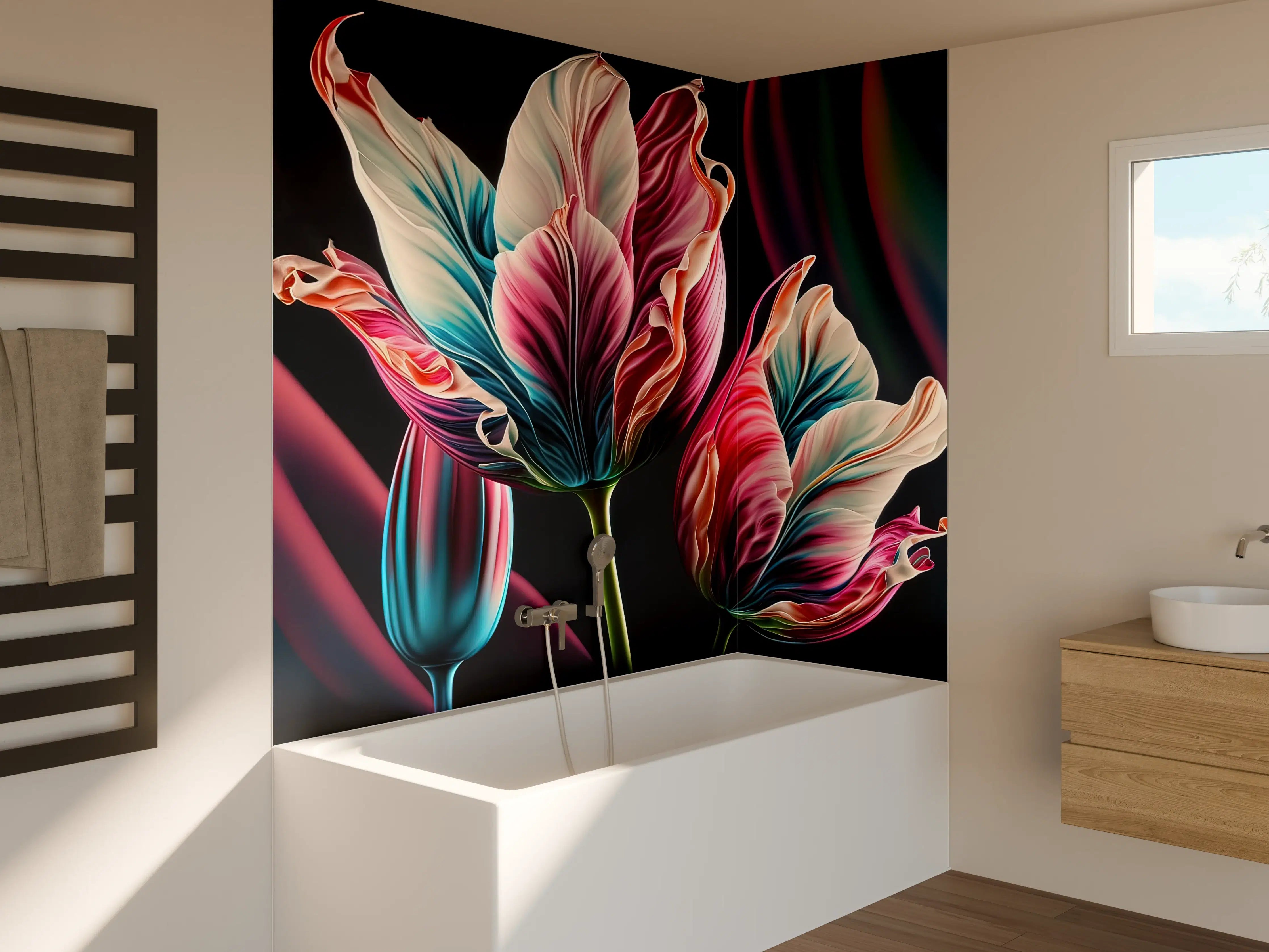 Badewannen-Rückwand - Bunte Fluid Kunst Tulpen