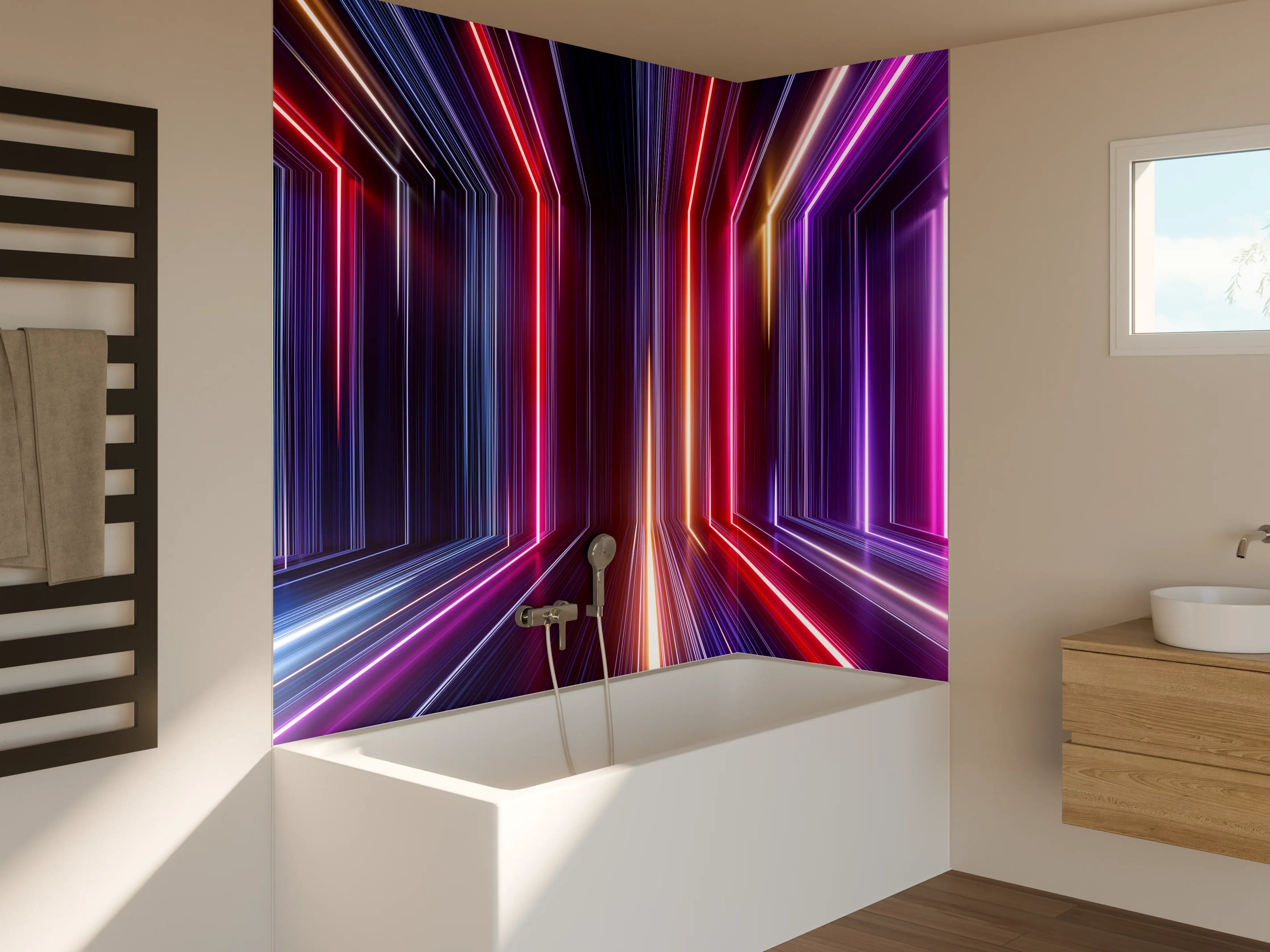 Badewannen-Rückwand - Bunte LED-Lichter im dunklen Tunnel