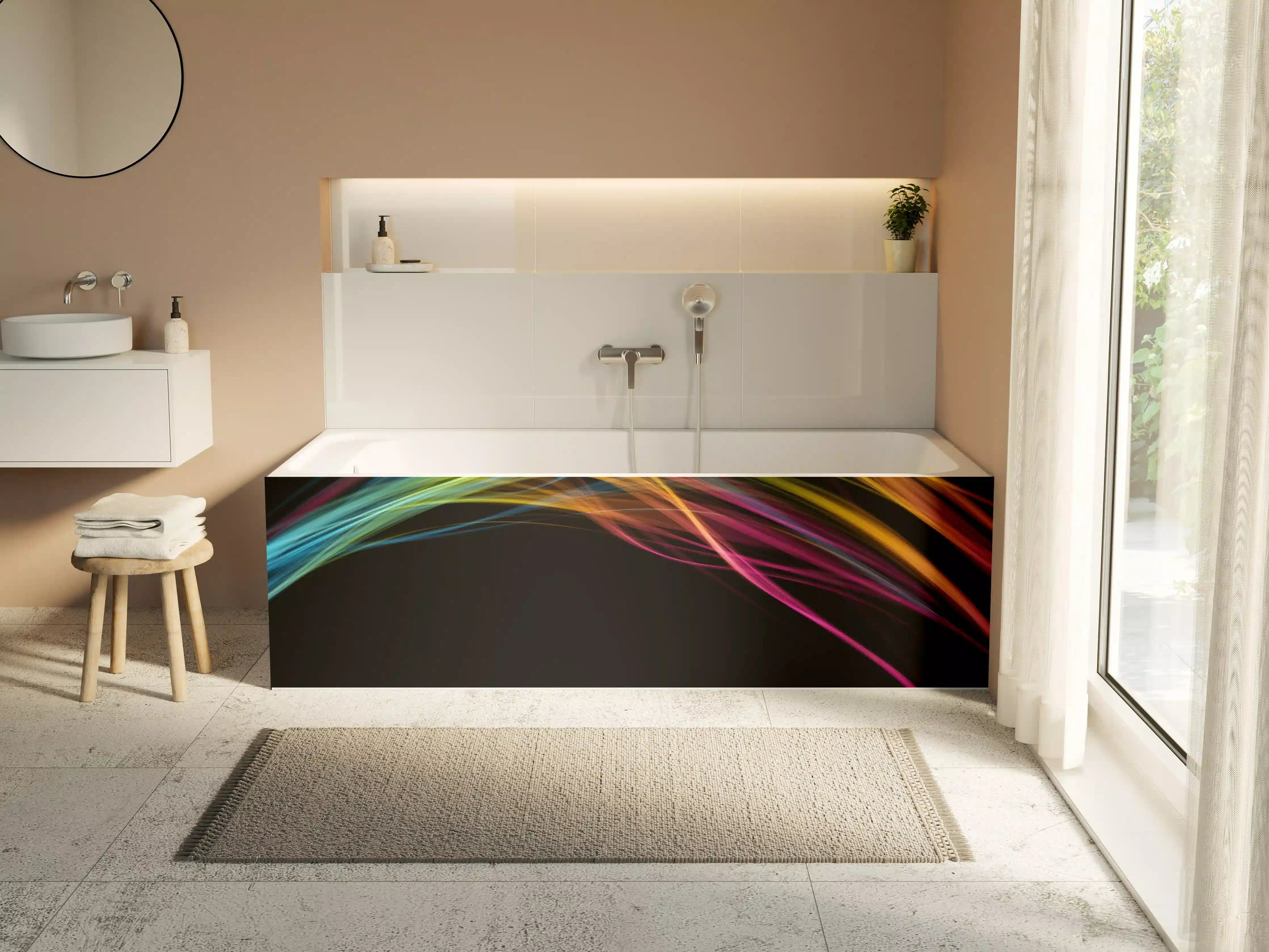 Badewannen-Rückwand - Bunte Lichtwellen auf schwarzem Hintergrund