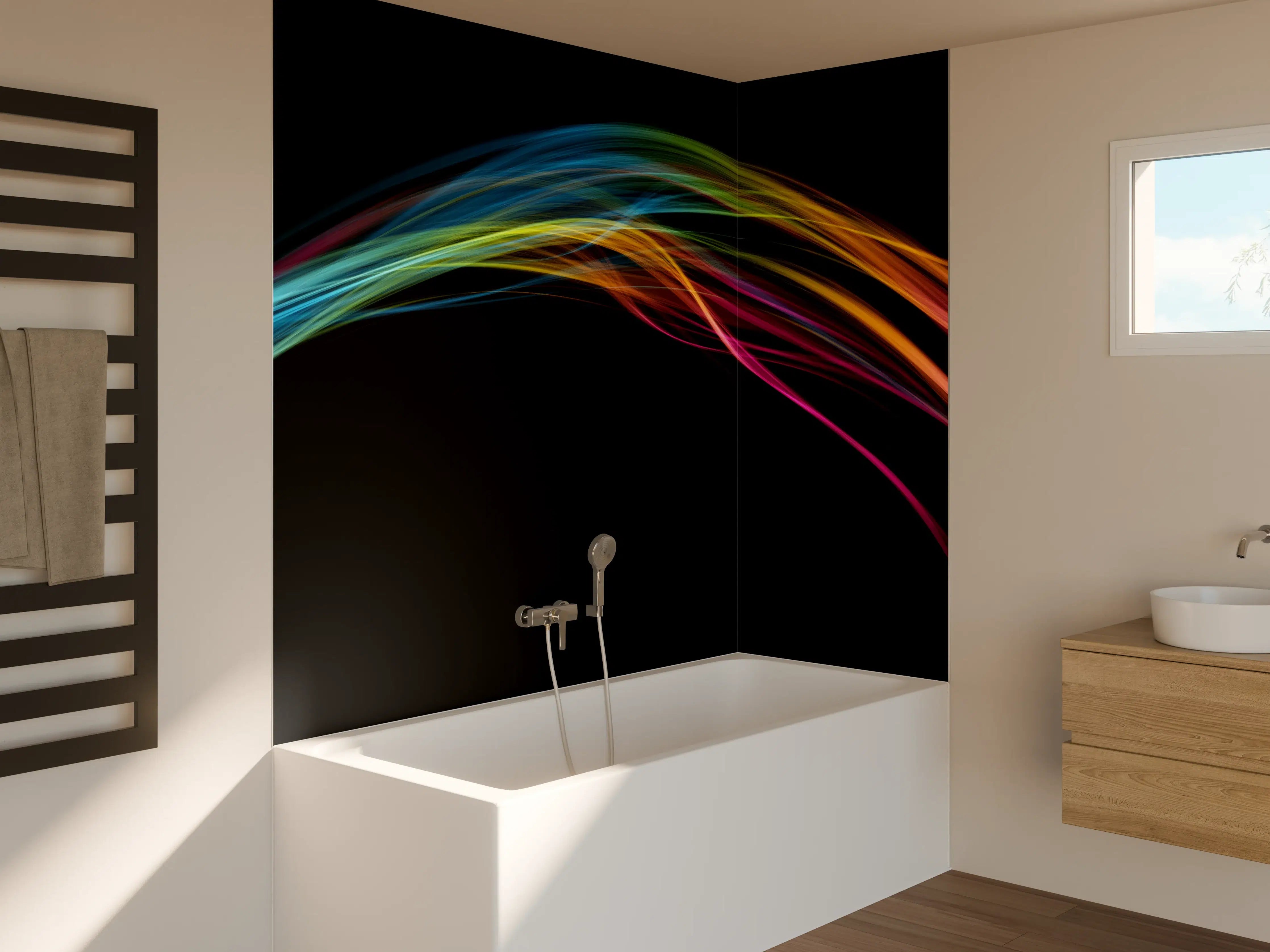 Badewannen-Rückwand - Bunte Lichtwellen auf schwarzem Hintergrund