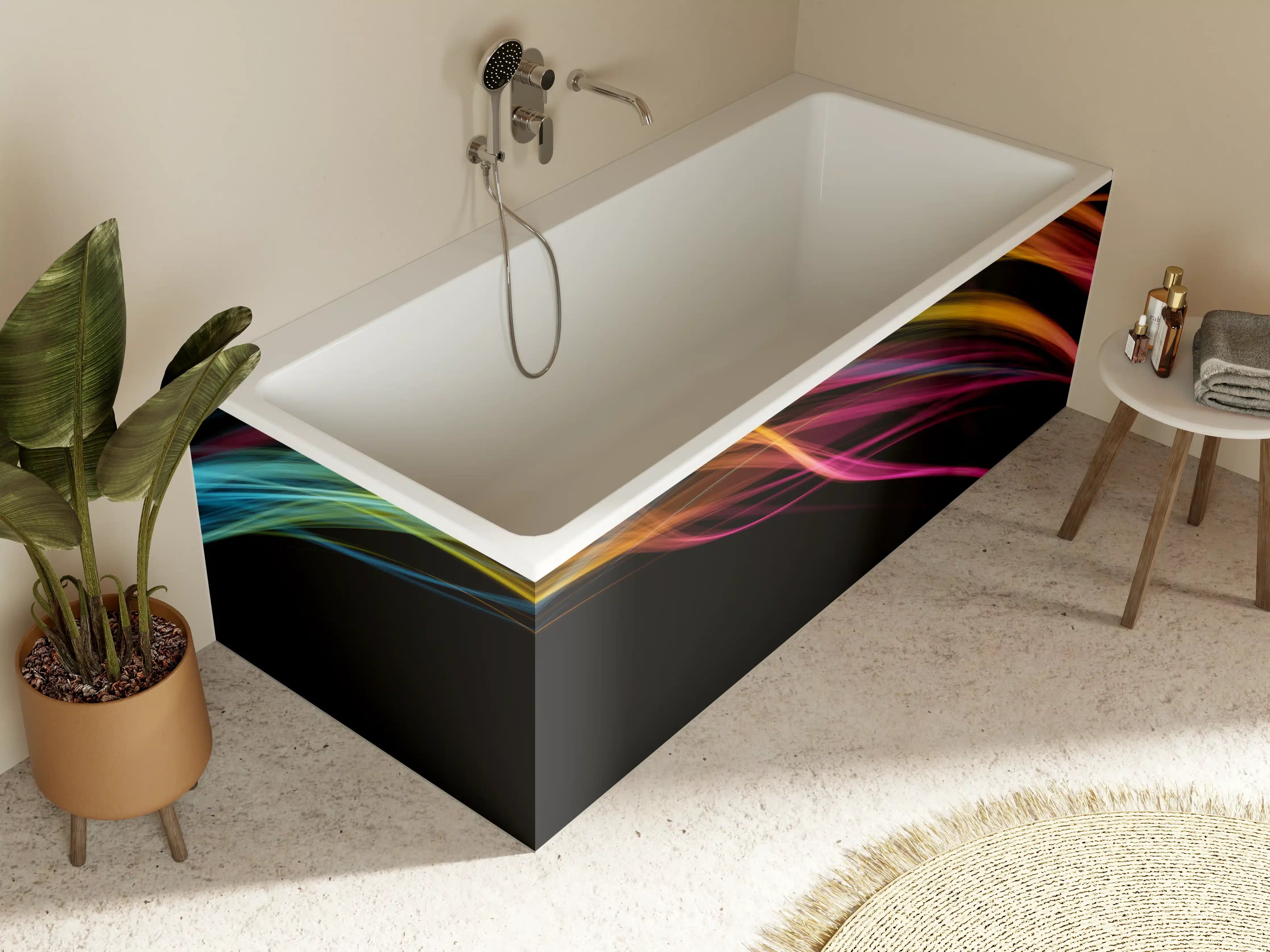 Badewannen-Rückwand - Bunte Lichtwellen auf schwarzem Hintergrund