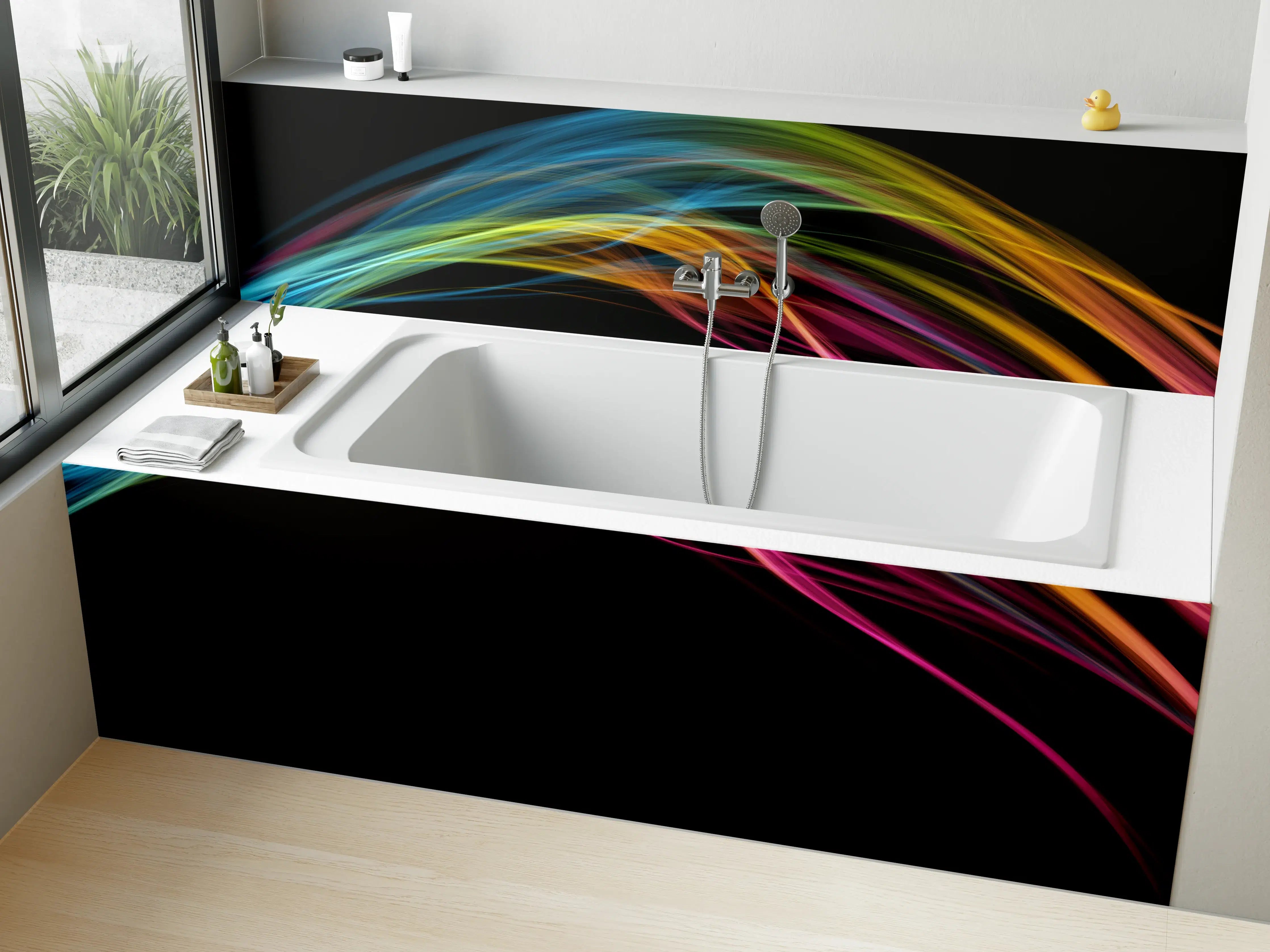 Badewannen-Rückwand - Bunte Lichtwellen auf schwarzem Hintergrund