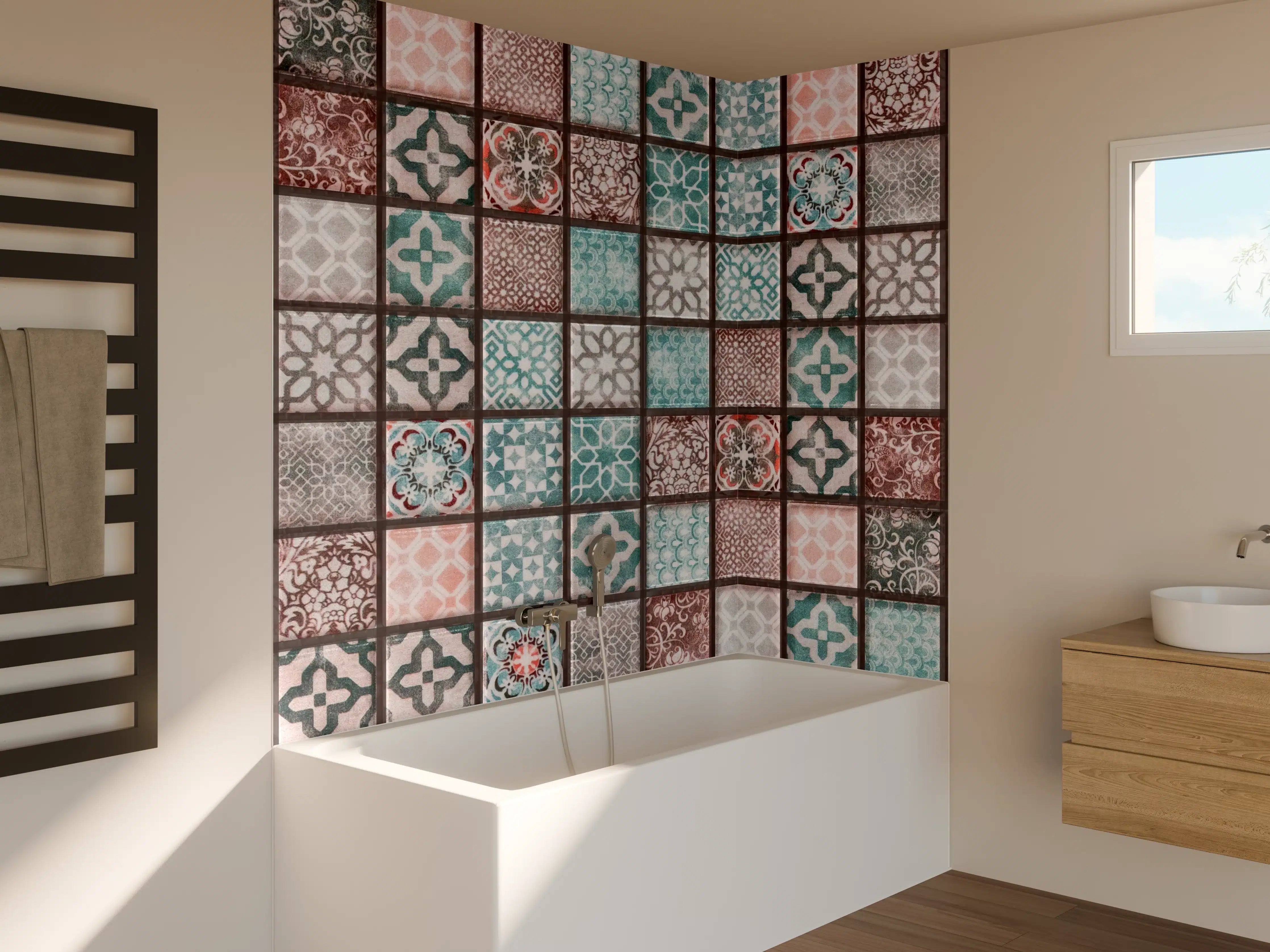Badewannen-Rückwand - Bunte Mosaikfliesen mit geometrischen Mustern