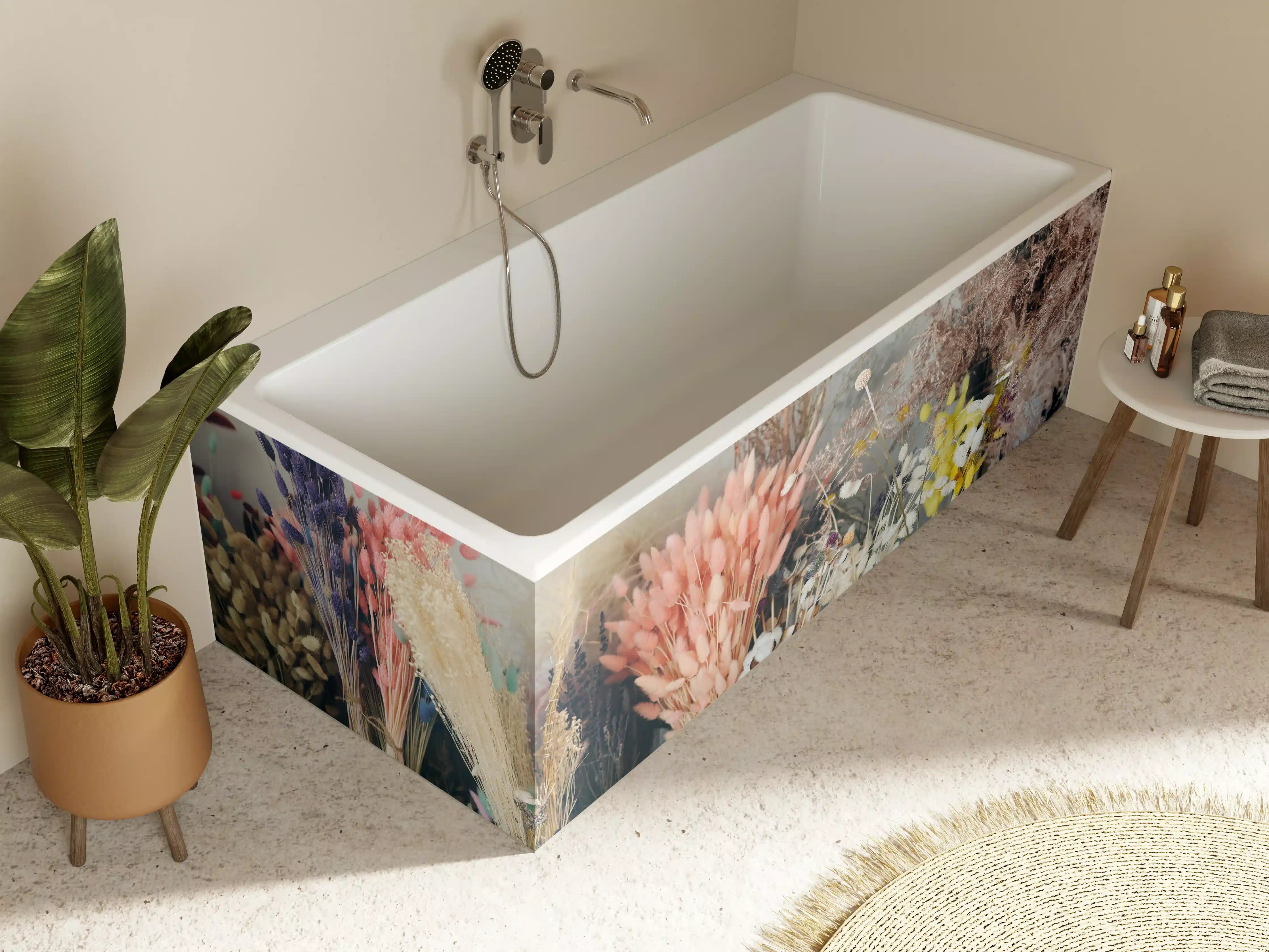 Badewannen-Rückwand - Bunte Trockenblumen im Regal