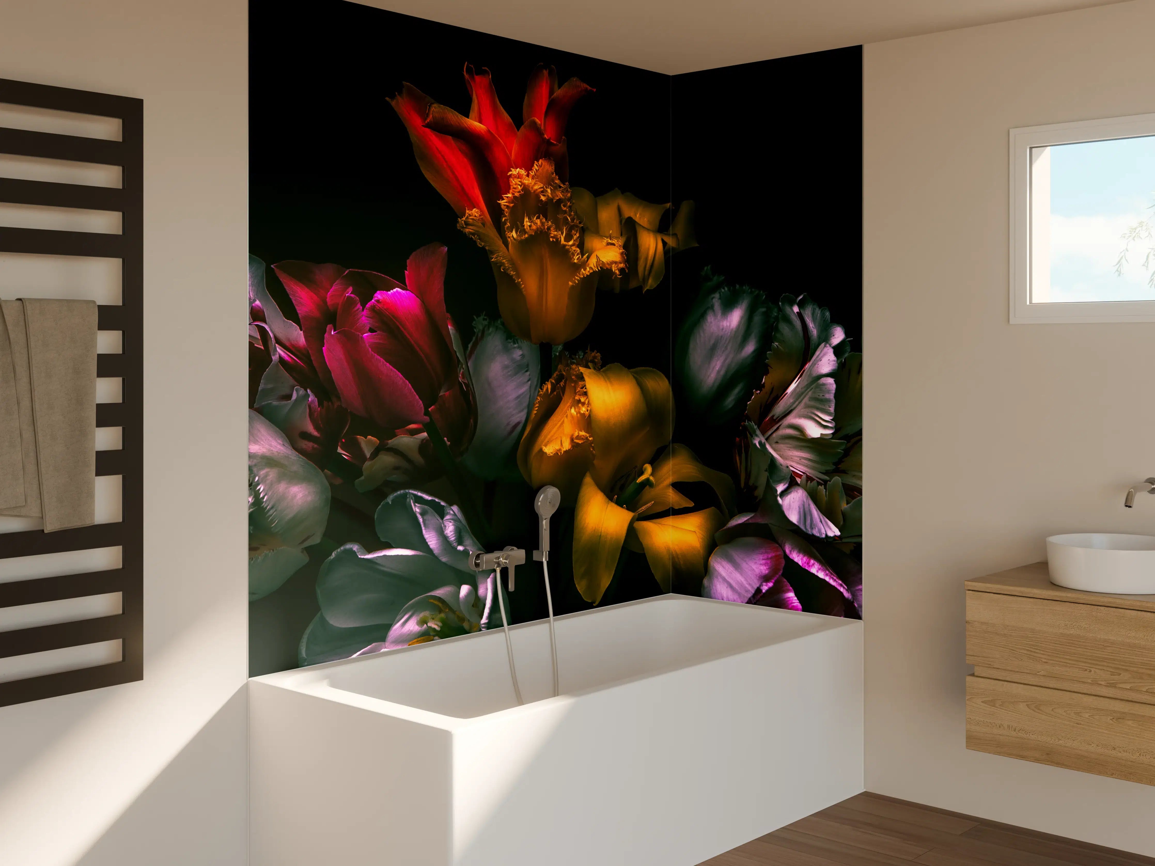 Badewannen-Rückwand - Bunte Tulpen in dunklem Hintergrund