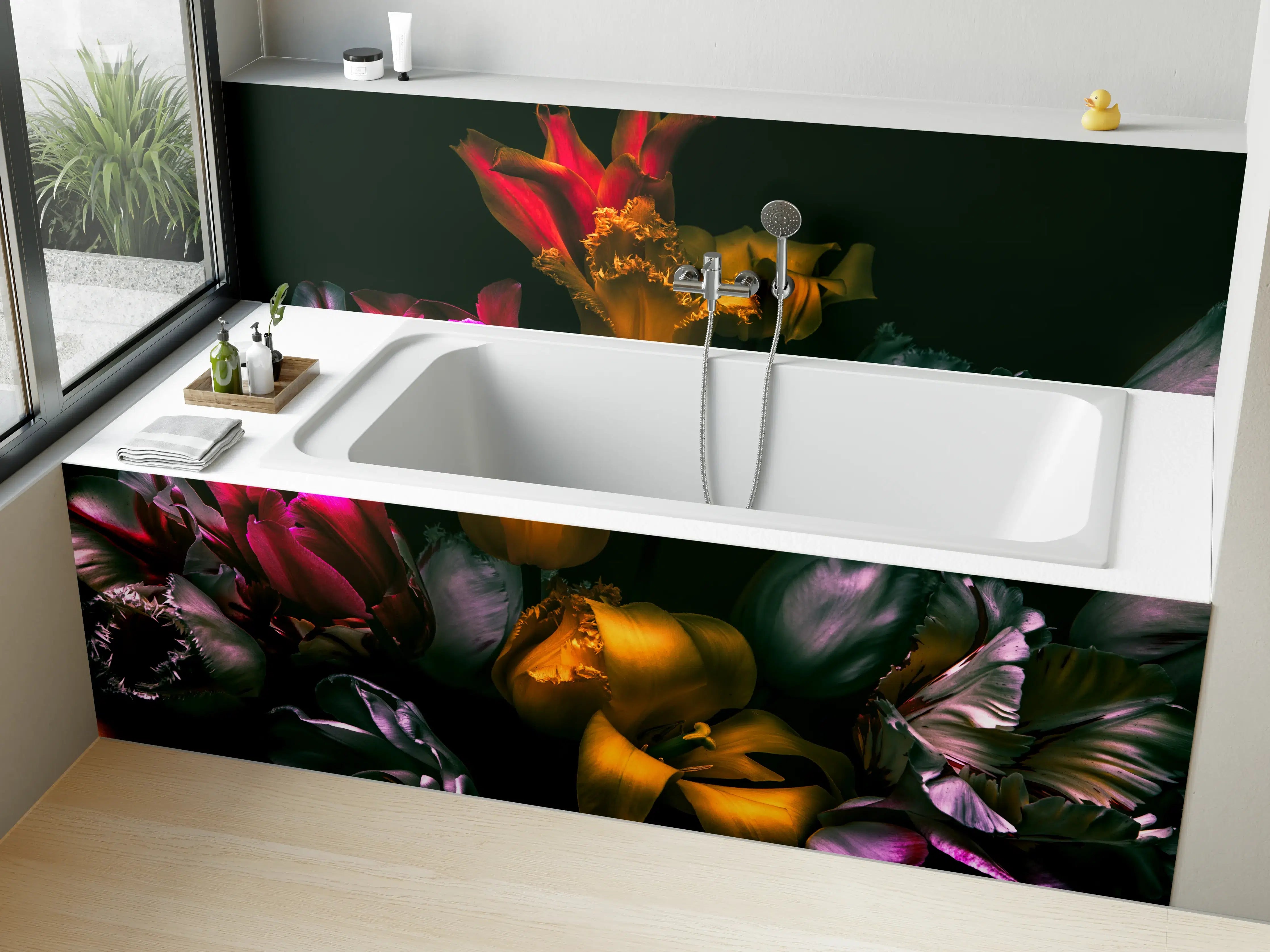 Badewannen-Rückwand - Bunte Tulpen in dunklem Hintergrund