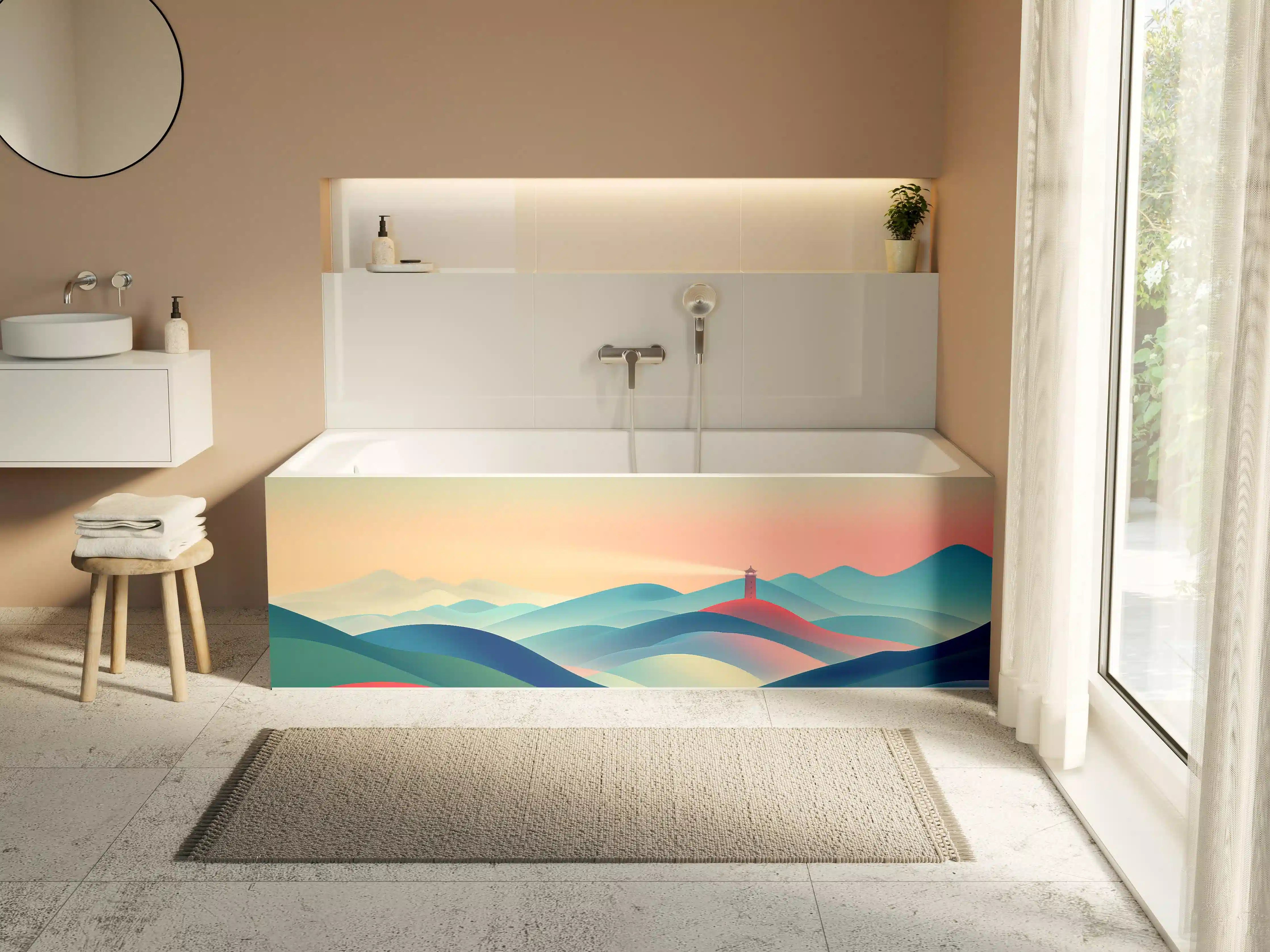 Badewannen-Rückwand - Bunte abstrakte Landschaft mit Leuchtturm