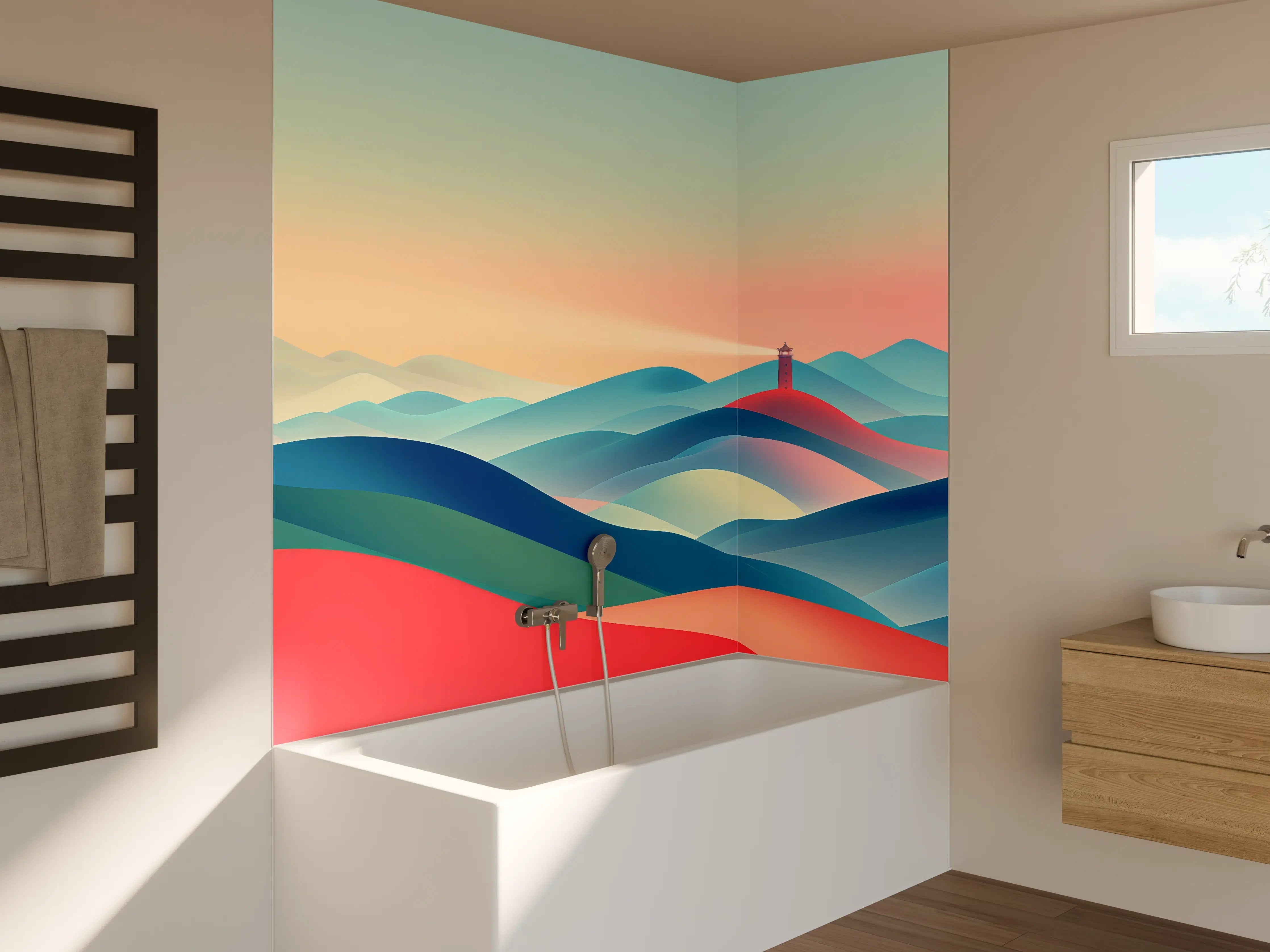 Badewannen-Rückwand - Bunte abstrakte Landschaft mit Leuchtturm