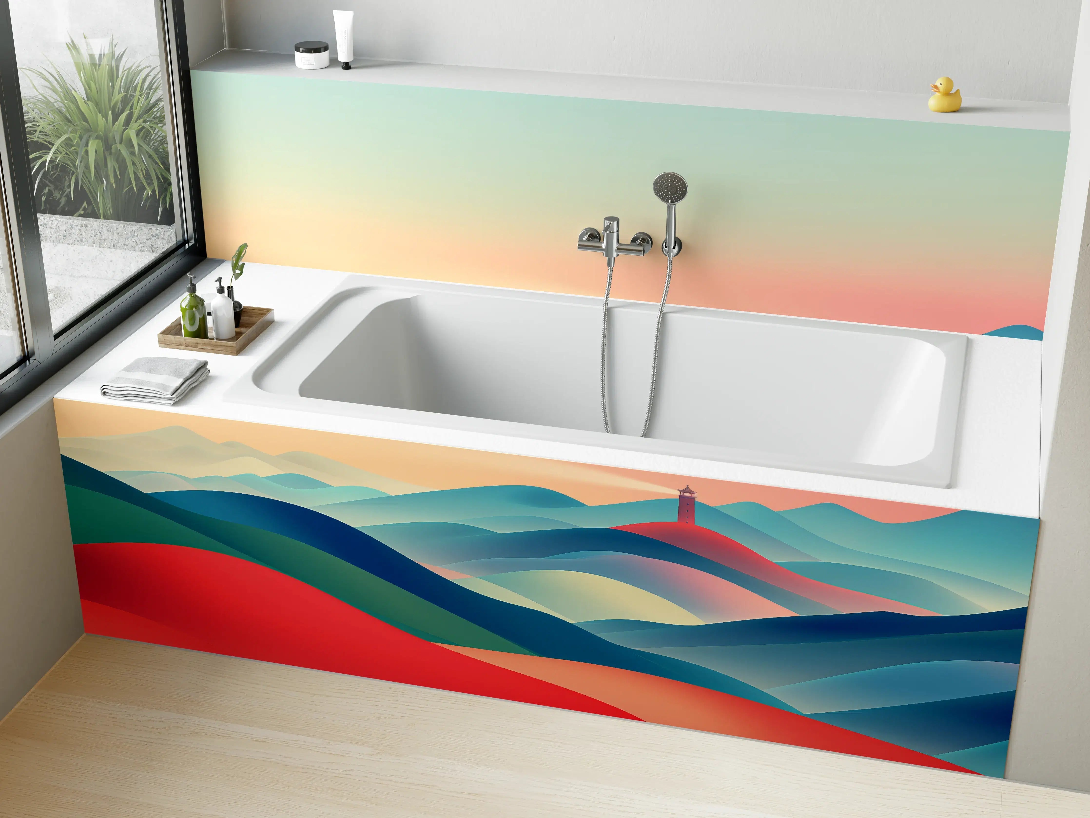 Badewannen-Rückwand - Bunte abstrakte Landschaft mit Leuchtturm