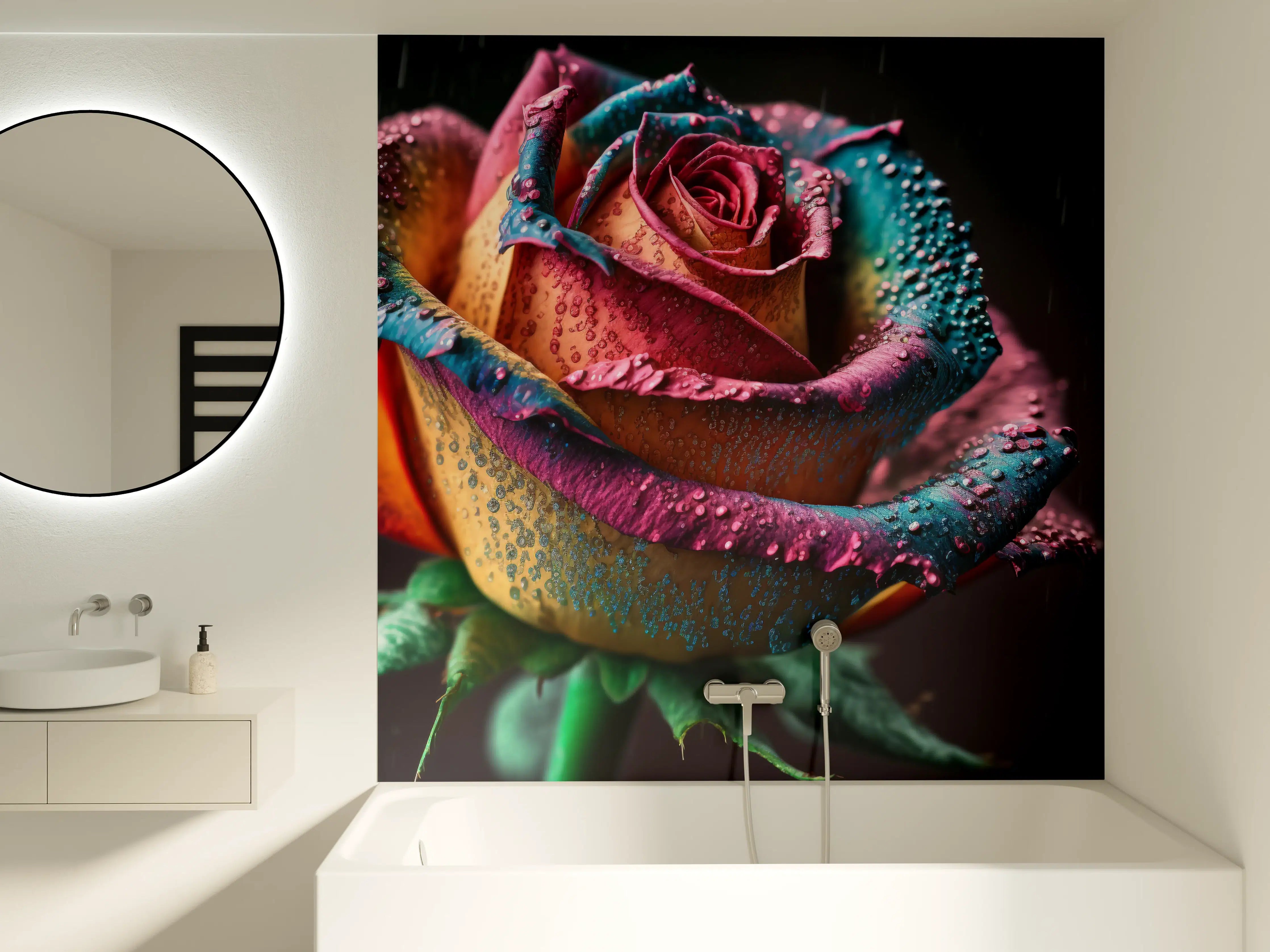 Badewannen-Rückwand - Bunte, Regentropfen-bedeckte Rose in dunklem Hintergrund