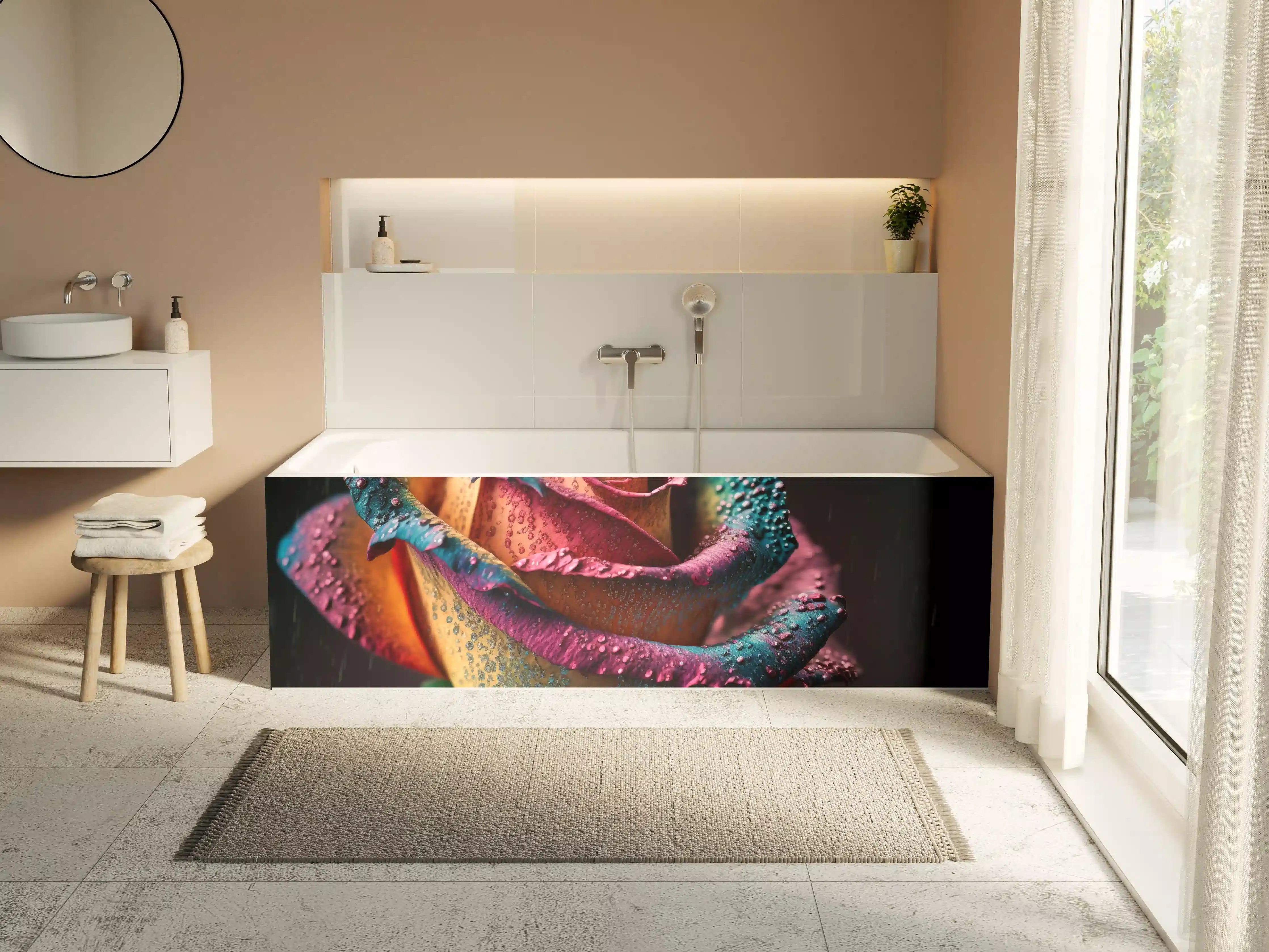 Badewannen-Rückwand - Bunte, Regentropfen-bedeckte Rose in dunklem Hintergrund