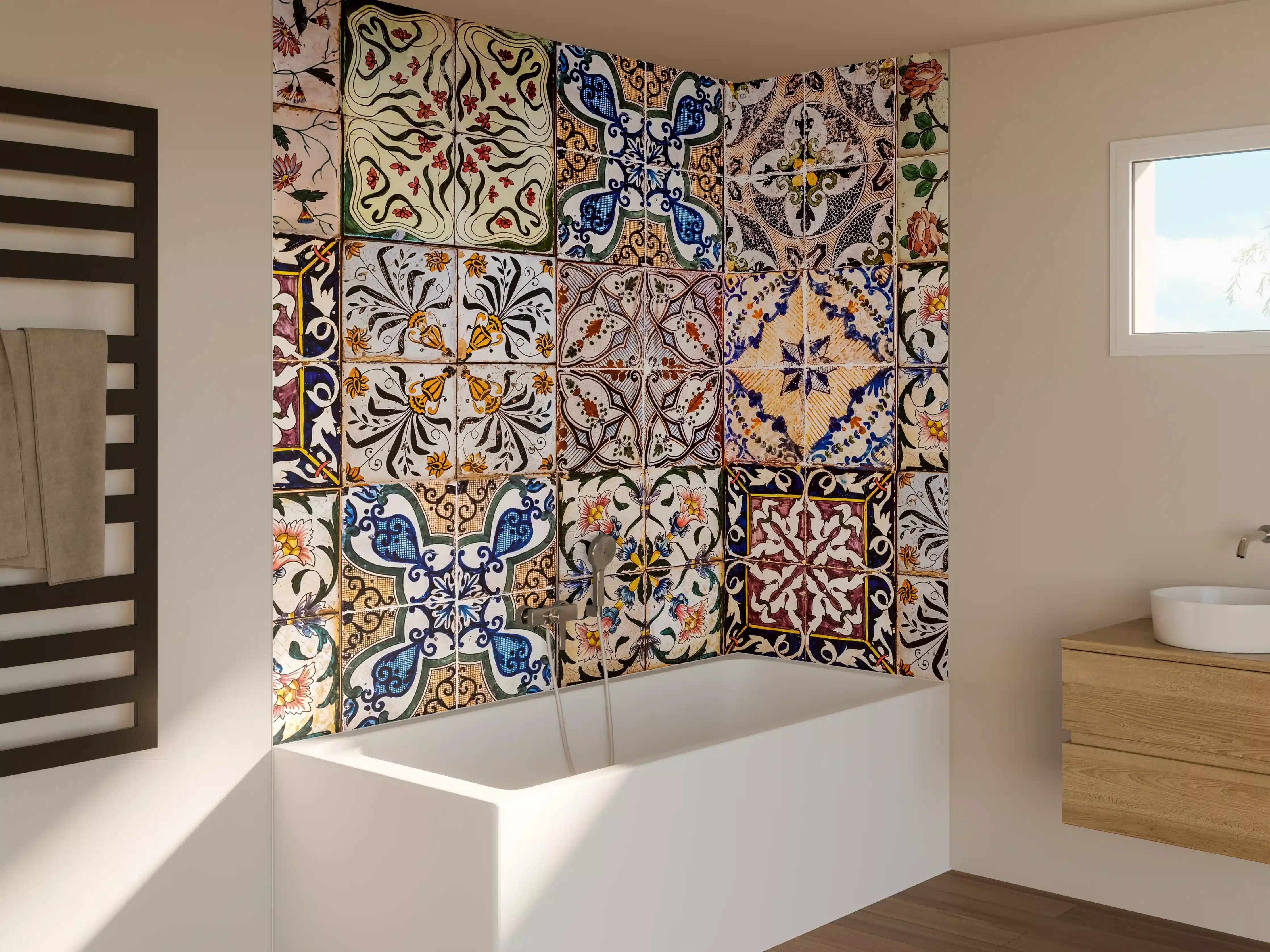 Badewannen-Rückwand - Bunte, kunstvolle Fliesenmuster mit lebendigen Farben