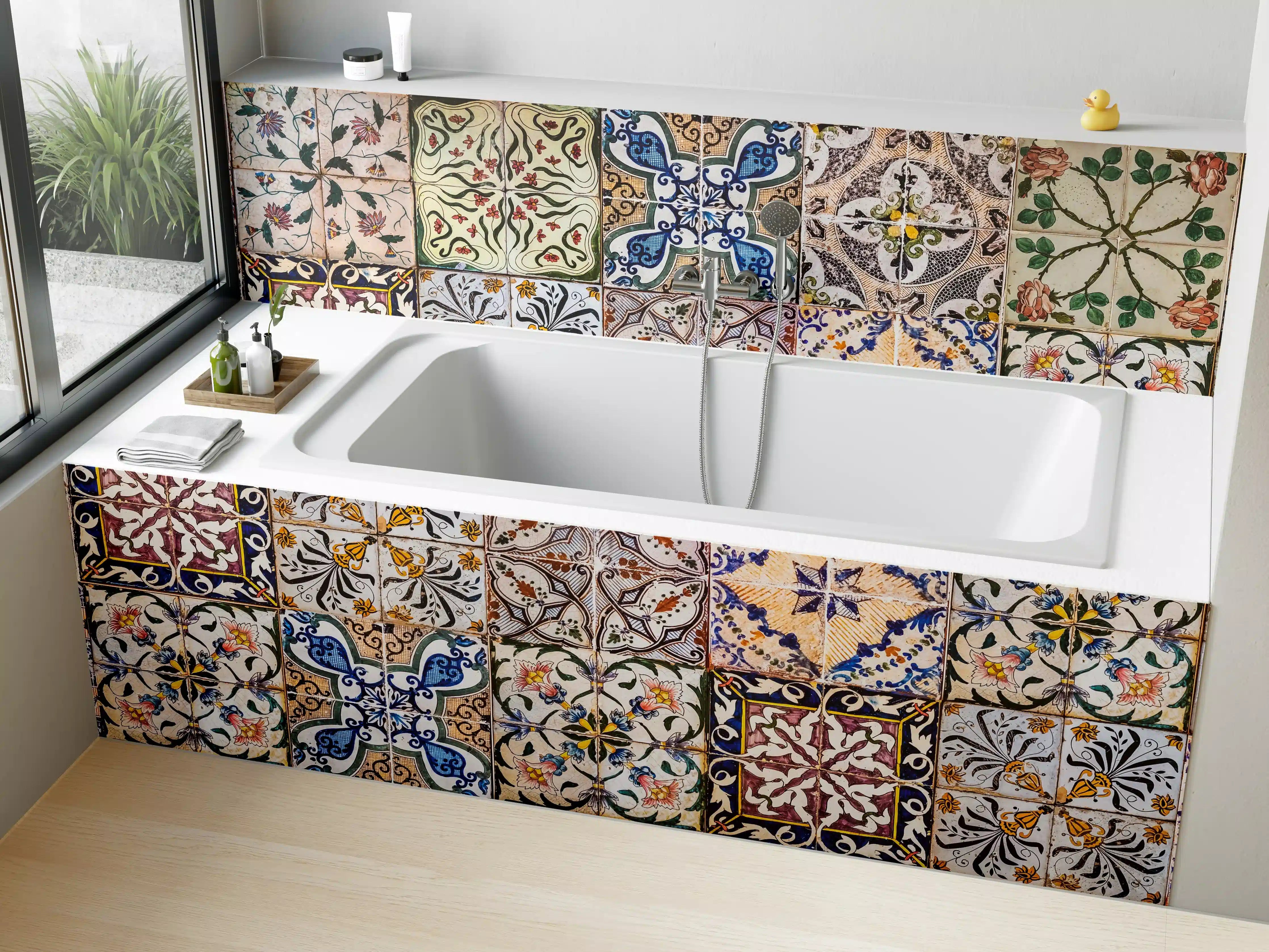 Badewannen-Rückwand - Bunte, kunstvolle Fliesenmuster mit lebendigen Farben